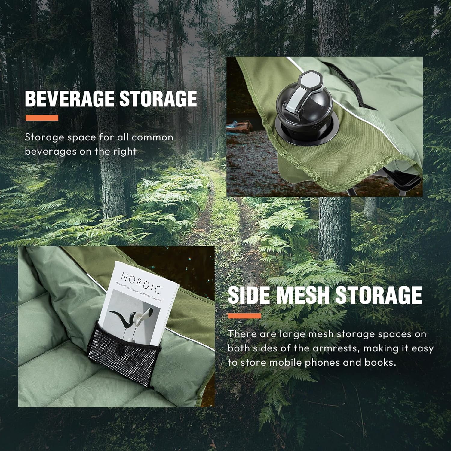 Dowinx Oversized Extra Large Camping Chair, Lawn Chairs, Folding, 3 Levels Adjustable Padded Camping Chair for Adults, Heavy-Duty 600D Oxford Cloth, with Cup Holder, 400 Pound Capacity, Green - Image 16