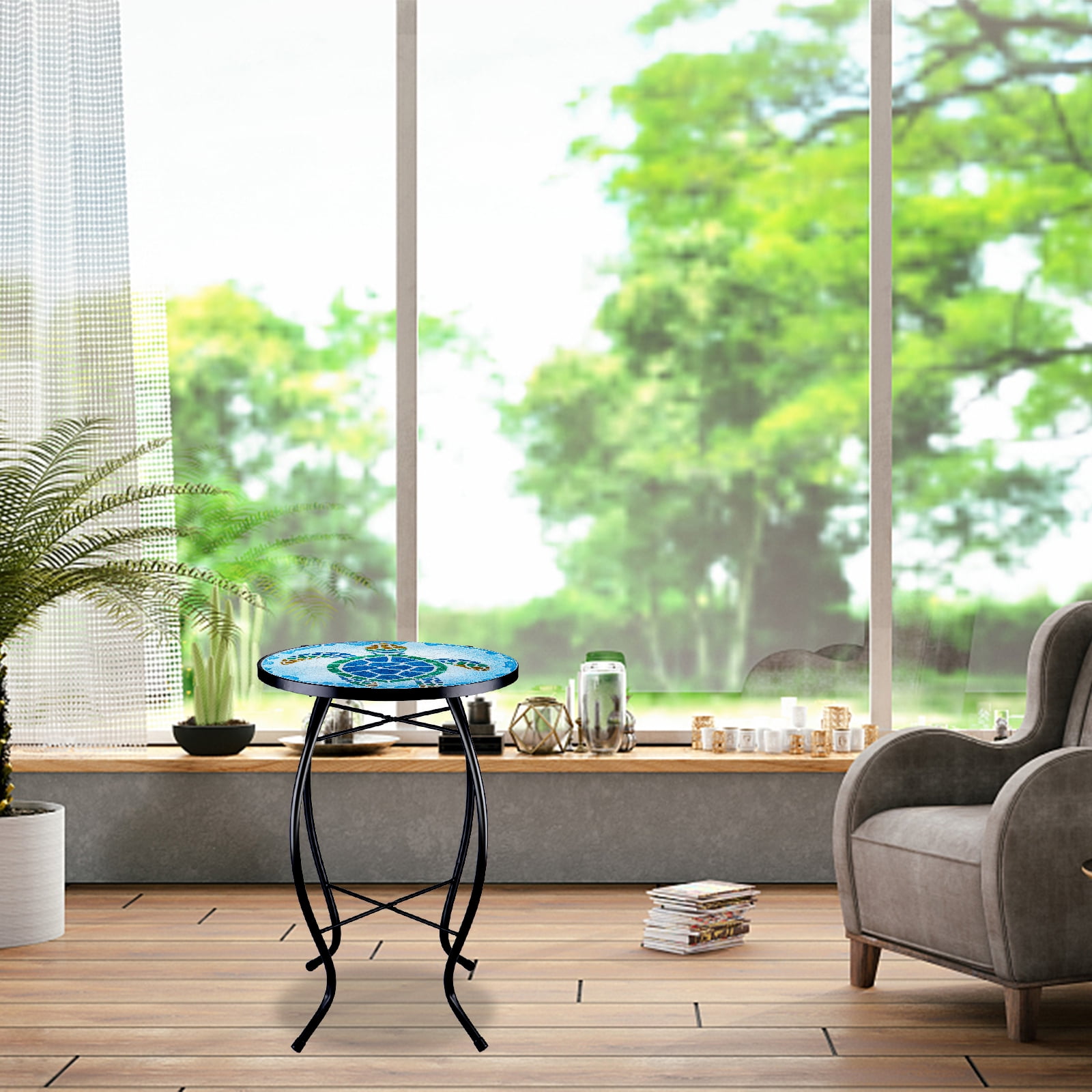 Wonder Garden 21 Inch Table Round Outdoor End Tables for Patio Mosaic Glass Tabletop Coffee Table Plant End Table Small Porch Table Indoor Green and Blue Sea Turtle - Image 6