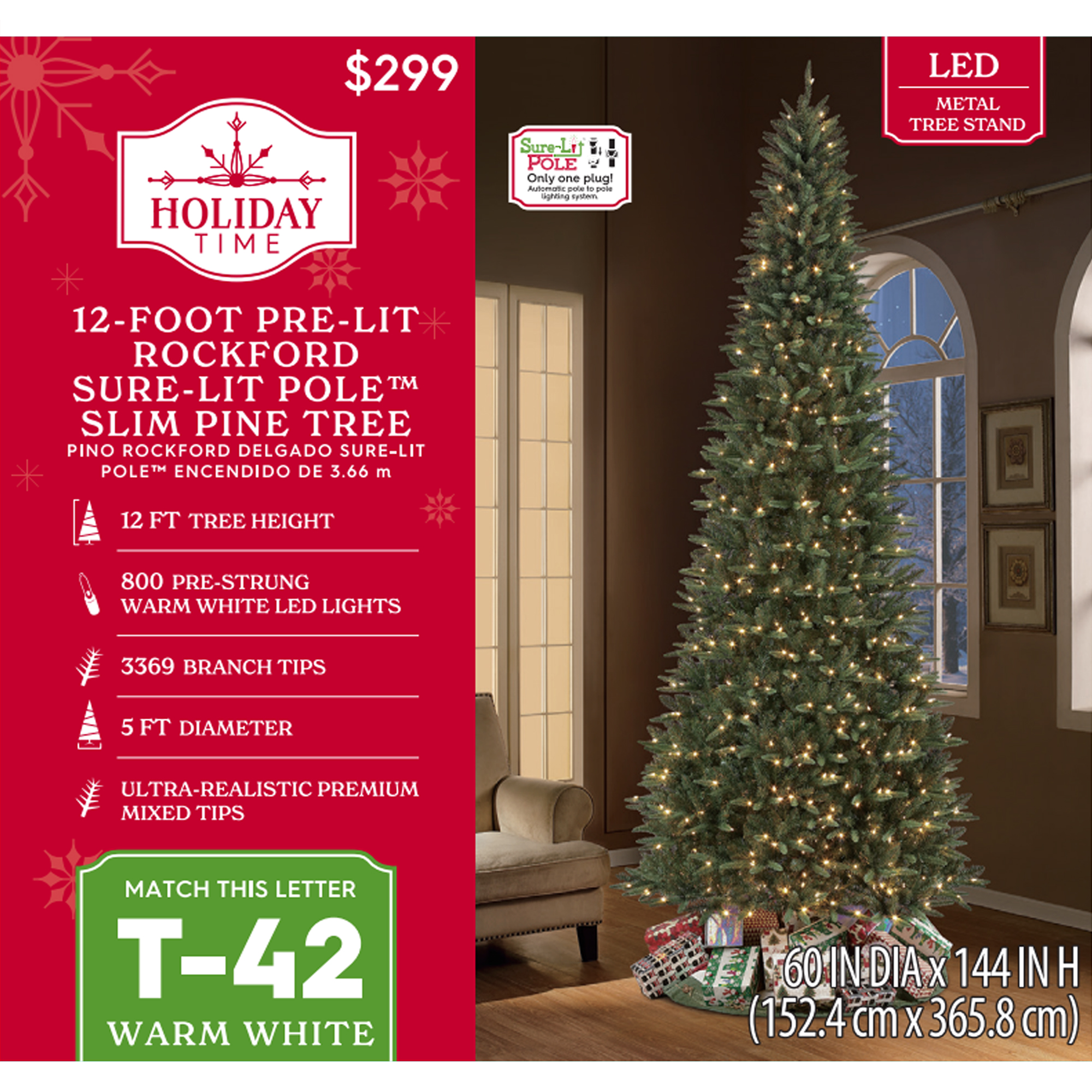 12ft Pre-Lit Rockford Sure-Lit Pole Slim Pine Christmas Tree, 800 LED, Green, by Holiday Time - Image 8