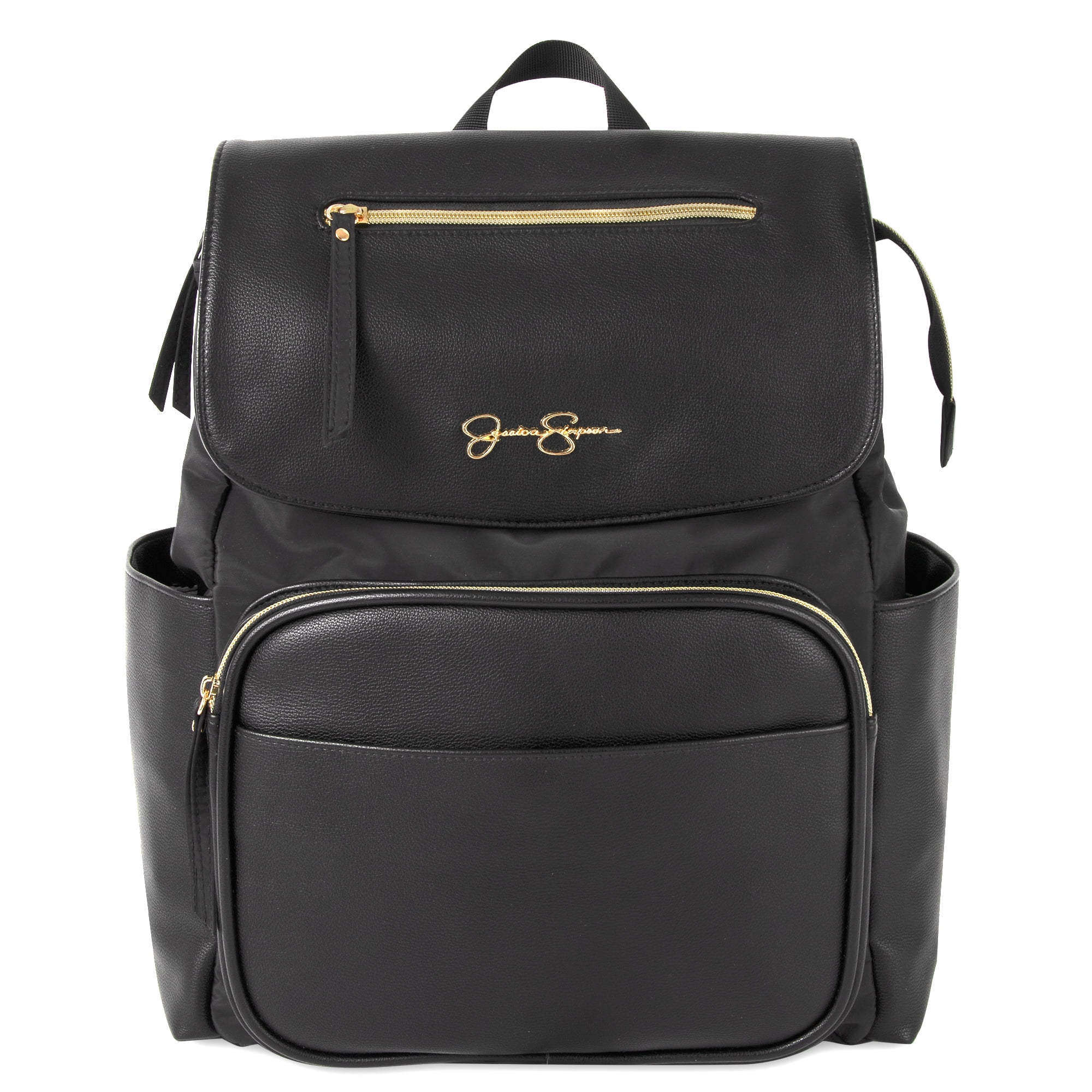 Jessica Simpson Black Vegan Leather Multi-Pocket Magnetic Flap & Zipper Closure Fashion Diaper Bag Backpack with Snow Leopard Print Interior, Matching 3-Ply Folding Baby Changing Pad - Image 6
