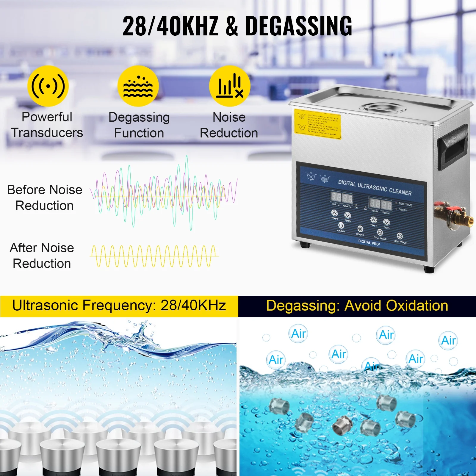 VEVOR 6L Ultrasonic Cleaner 28/40khz Dual Frequency Ultrasonic Cleaner Stainless Steel Digital Lab Ultrasonic Cleaner with Heater Timer for Watch Glasses Small Parts Dental Instruments Cleaning - Image 3