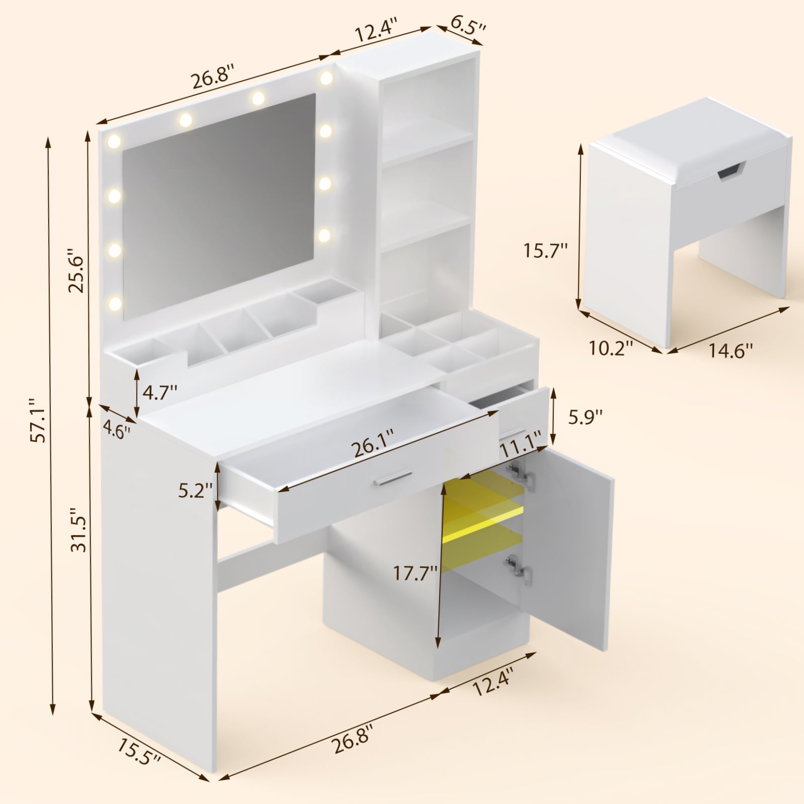 Vanity Table Set with Mirrors and Adjustable Lights ,Makeup vanity With Power Outlet for Bedroom Dressing Room,White - Image 3