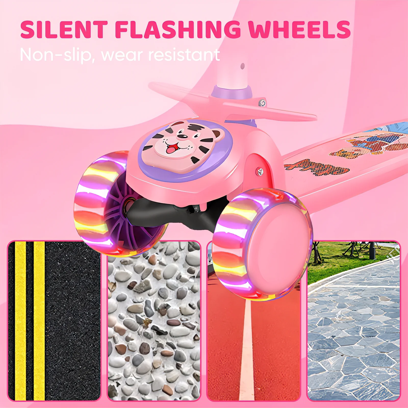 Beefunni Pink Sit-and-Scoot Scooter for Girls, Adjustable Handlebar Kick Scooter, Wide Anti-Slip Deck, LED Flashing Wheels, Rotatable Saddle, Ideal Birthday Christmas Gift for Kids 2-8 - Image 8