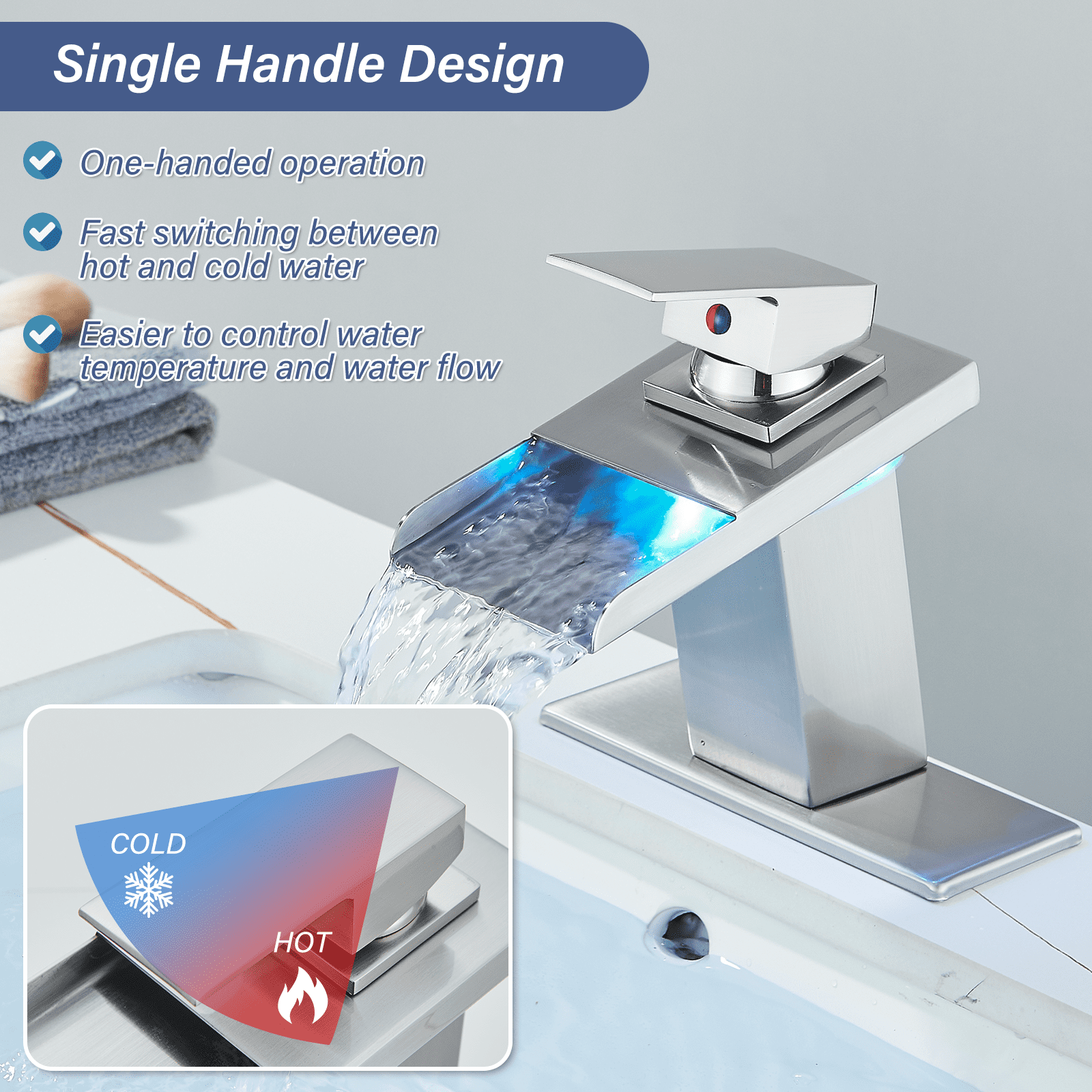 Zovajonia LED Waterfall Bathroom Faucet Brushed Nickel Single Handle Basin Sink Mixer Tap - Image 8