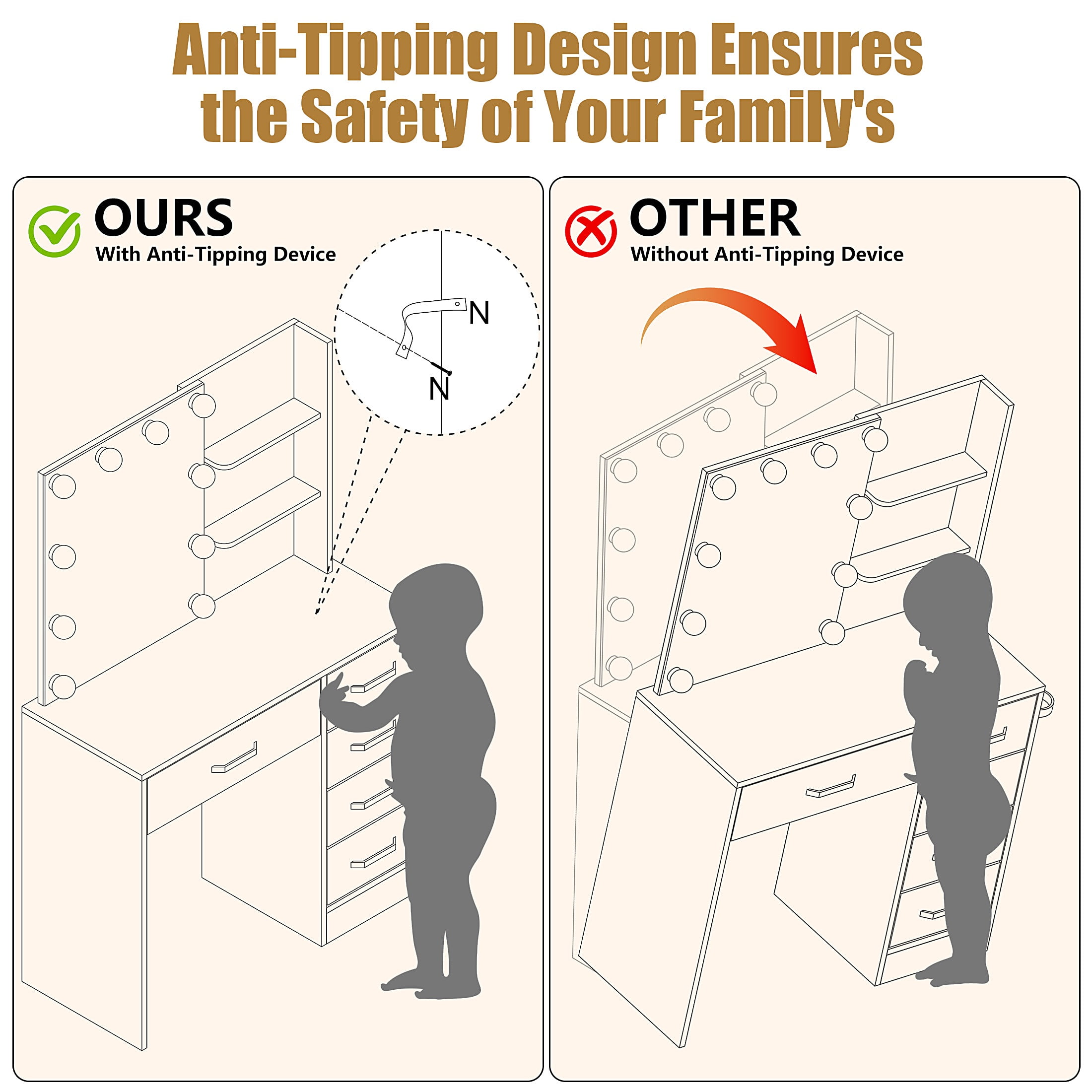 Vanity Set with Mirror, UHOMEPRO Lighted Makeup Vanity Desk with 5 Drawers, 3 Storage Shelves, Hair Dryer Rack, and Cushioned Stool, Modern Makeup Desk Dressing Table for Girls Bedroom, Black - Image 9