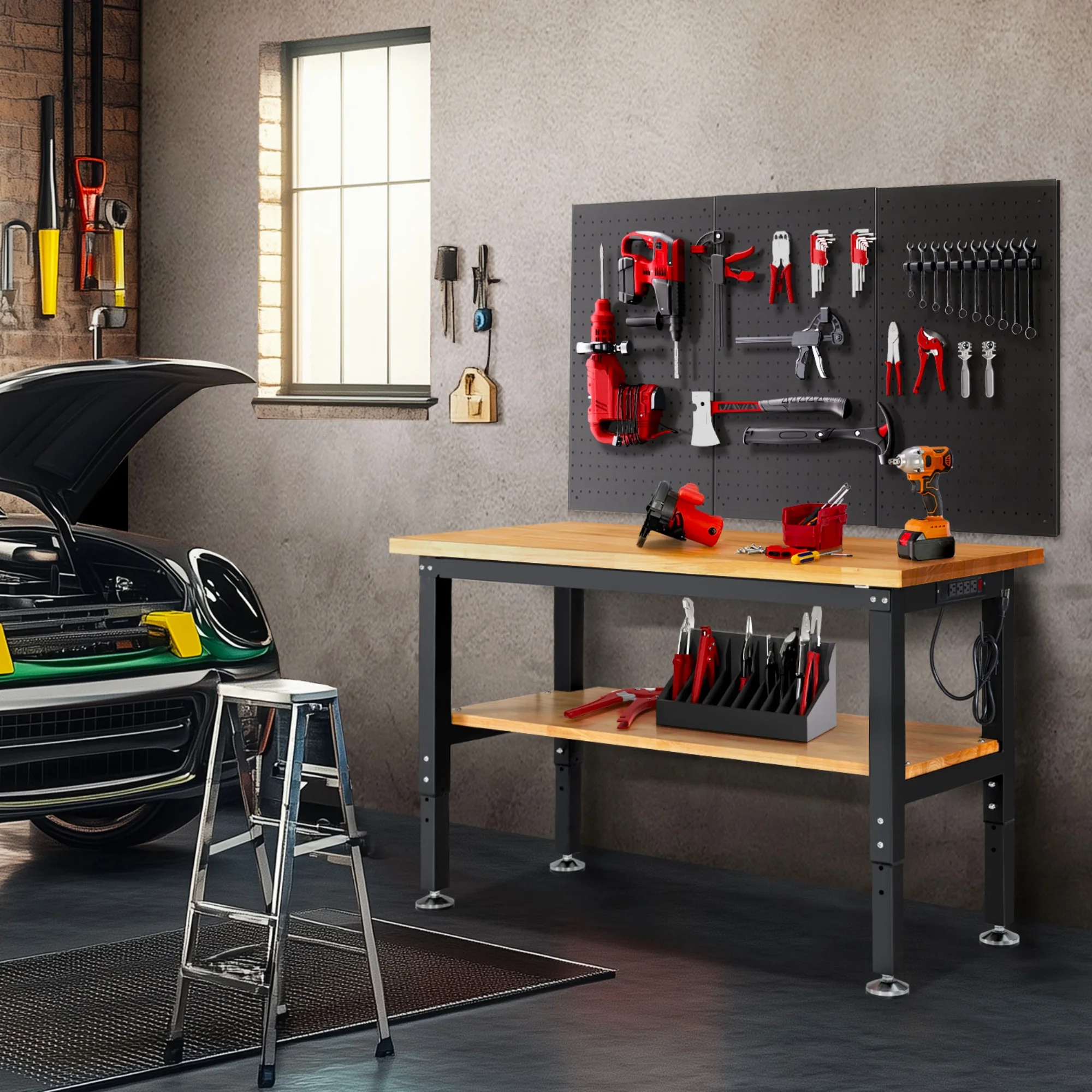 Workbench for Garage,ENJOYWOOD Heavy-Duty 48 inch 2 Tier Wood Work Bench with Storage Pegboards,Rubber Mat,Power Outlets, Rubber Wood Tabletop 2000 LBS Load Bearing Workstation Garage Desk Work Table - Image 4