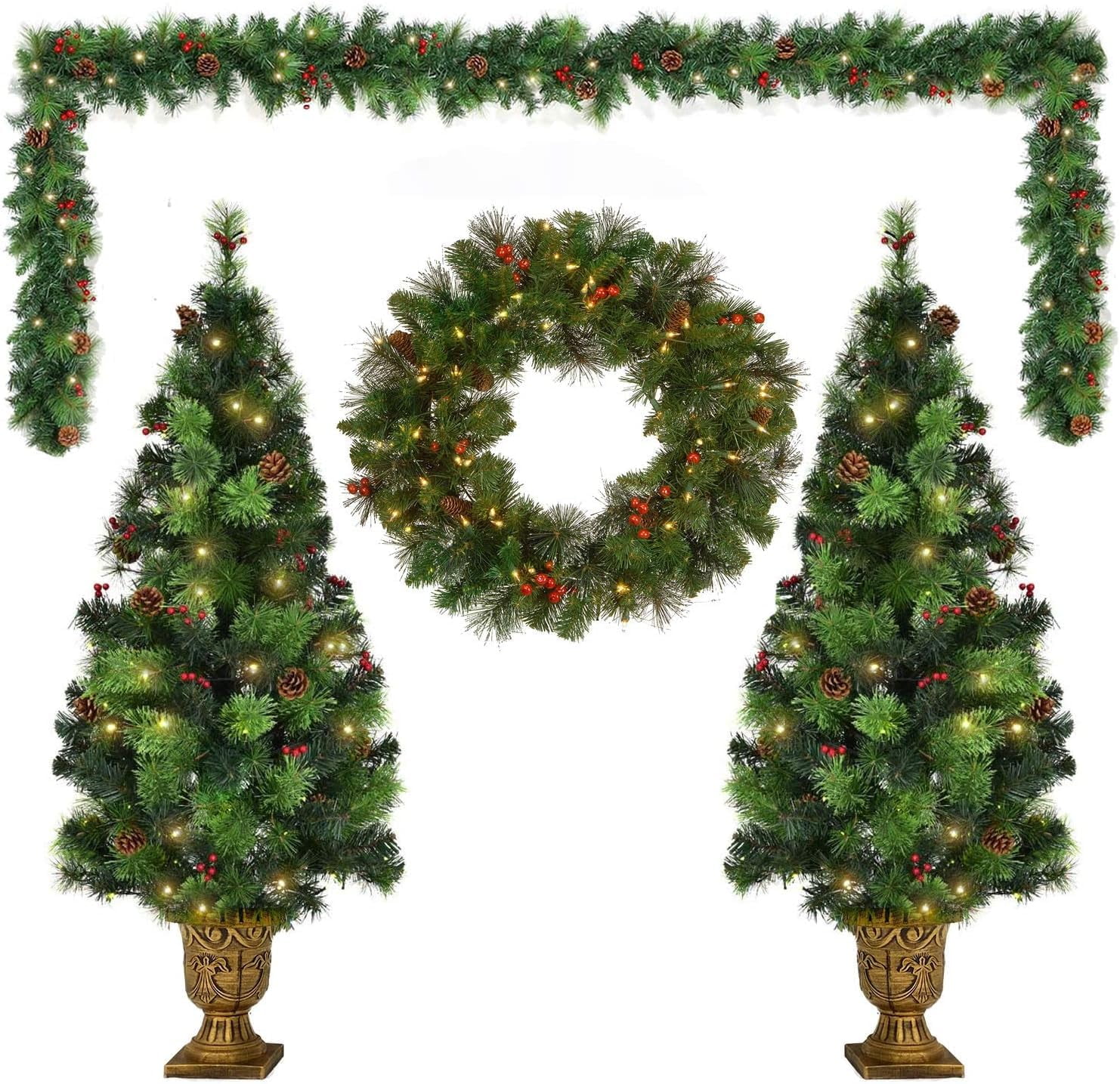 AWQM 4-Piece Christmas Decoration Set, Pre-lit Artificial Christmas Tree Garland Wreath 4FT Xmas Trees 4-Piece Set, Outdoor Christmas Tree for Porch, Entrance, Holiday Decor - Image 8