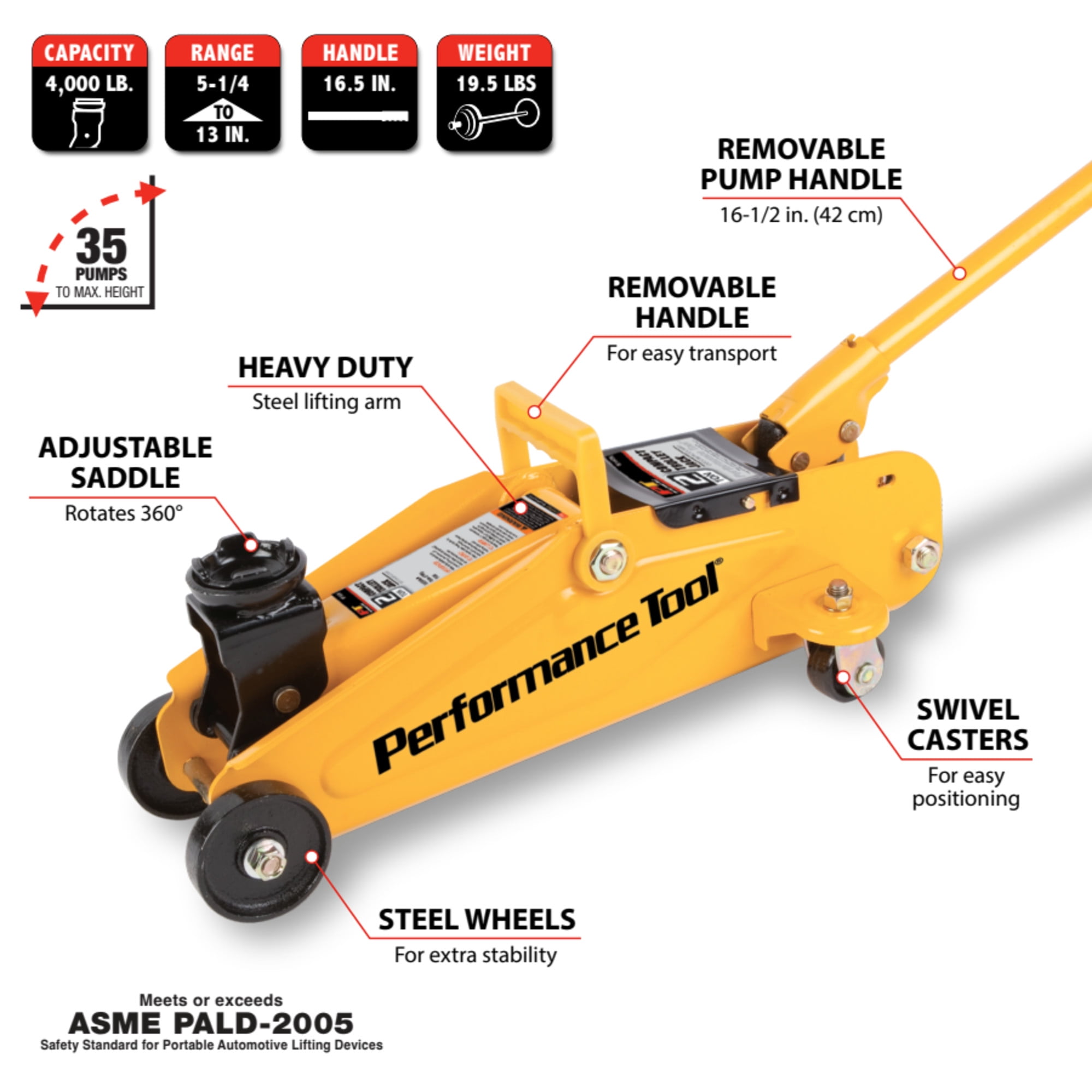 Performance Tool W1606 2-Ton Capacity Compact Trolley Jack - Carrying Handle, 4,000 Lbs. Capacity, Swivel Casters - Yellow - Image 9