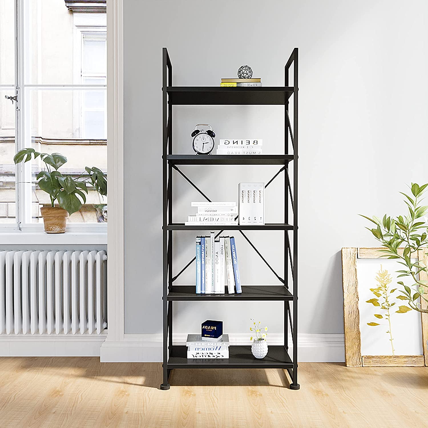 Dextrus 5-Tier Ladder Bookshelf, 65" Industrial Bookcase with Storage Shelves for Bedroom, Living Room, Office – Black - Image 3