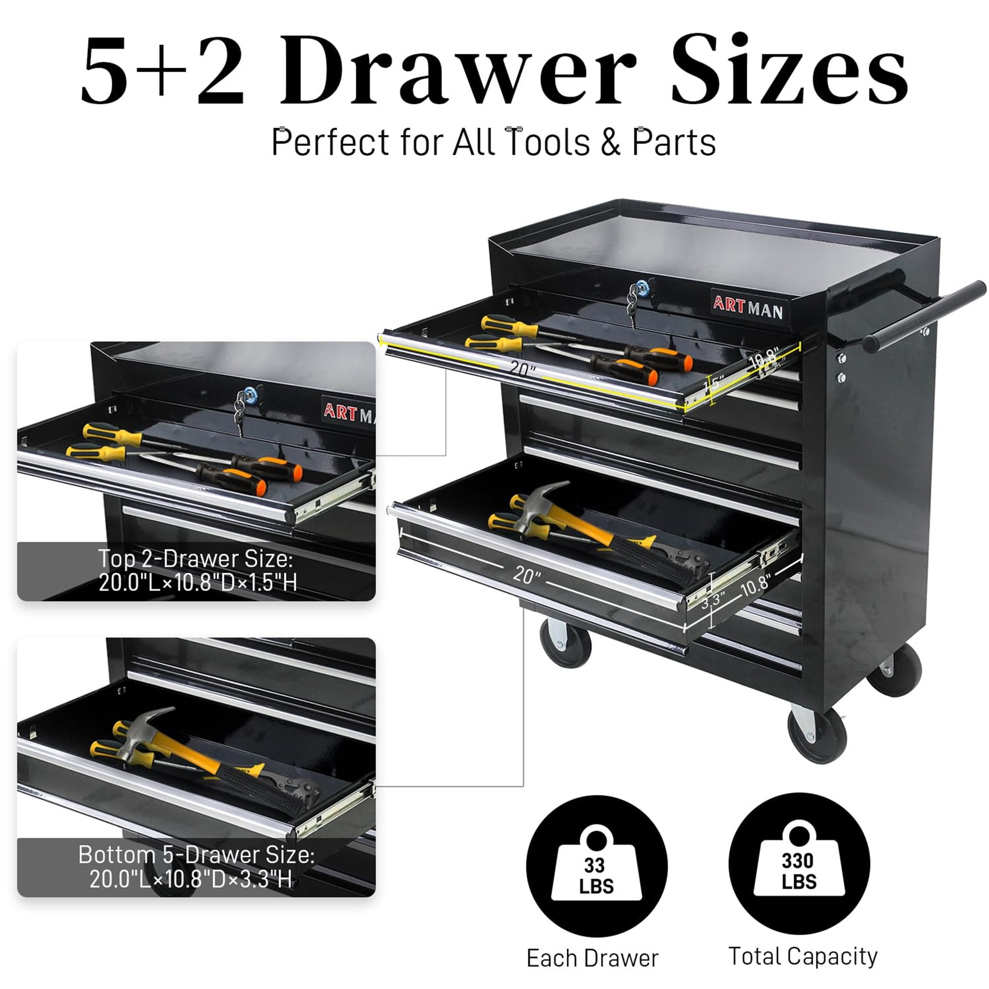 Aukfa Tool Chest, 24.5 in 7-Drawer Steel Rolling Tool Box on Wheels for Workshop Garage, Black - Image 5