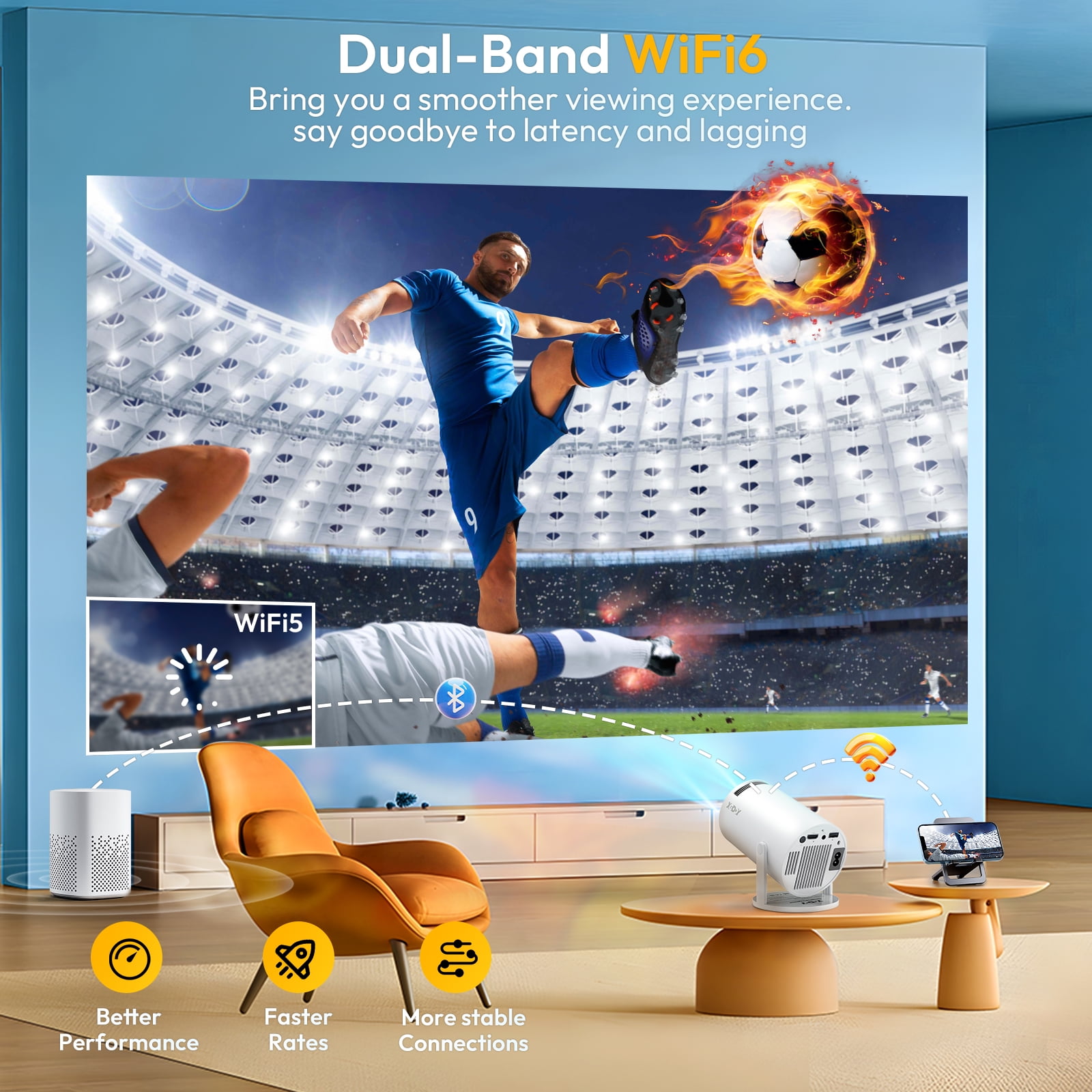 XGODY HY300 Mini Portable Projector with Wifi and Bluetooth,Projector 4K 1080P Support Built-in Android 11.0 OS Compatible for Laptop, PC, Smartphone,180 Degree Rotation Screen Adjustment - Image 5