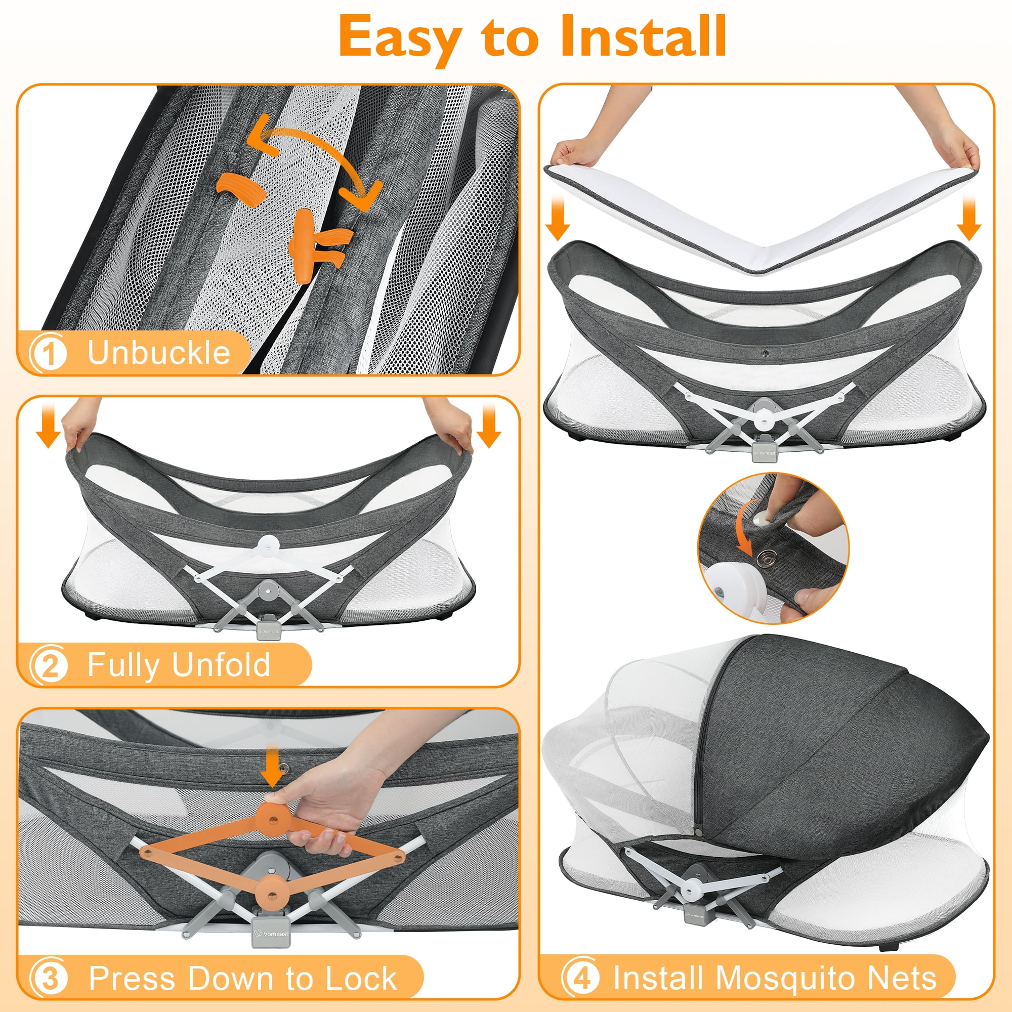 Vomeast Baby Travel Bassinet, Travel Crib Portable Bassinet with Organizer Bag, Infants 0-5 Months, Grey - Image 5