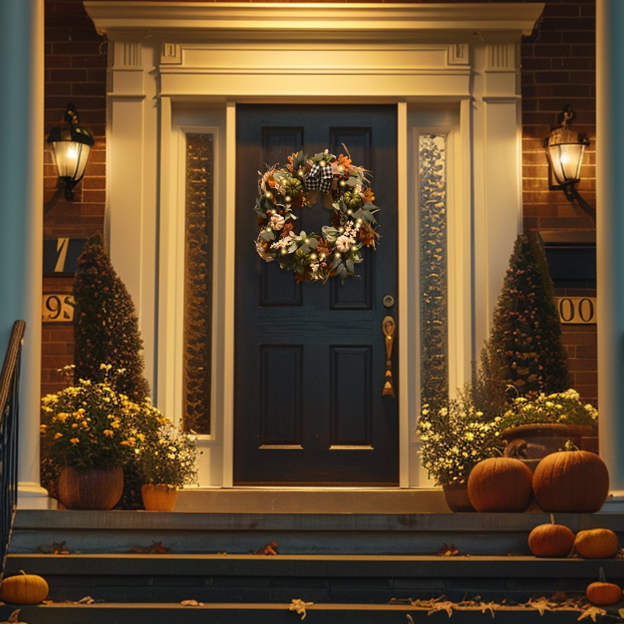 Valery Madelyn 24 inches Pre-Lit Fall Wreath Lighted White Green Thanksgiving Wreath with Pumpkin & Bow for Front Door Fireplace - Image 4