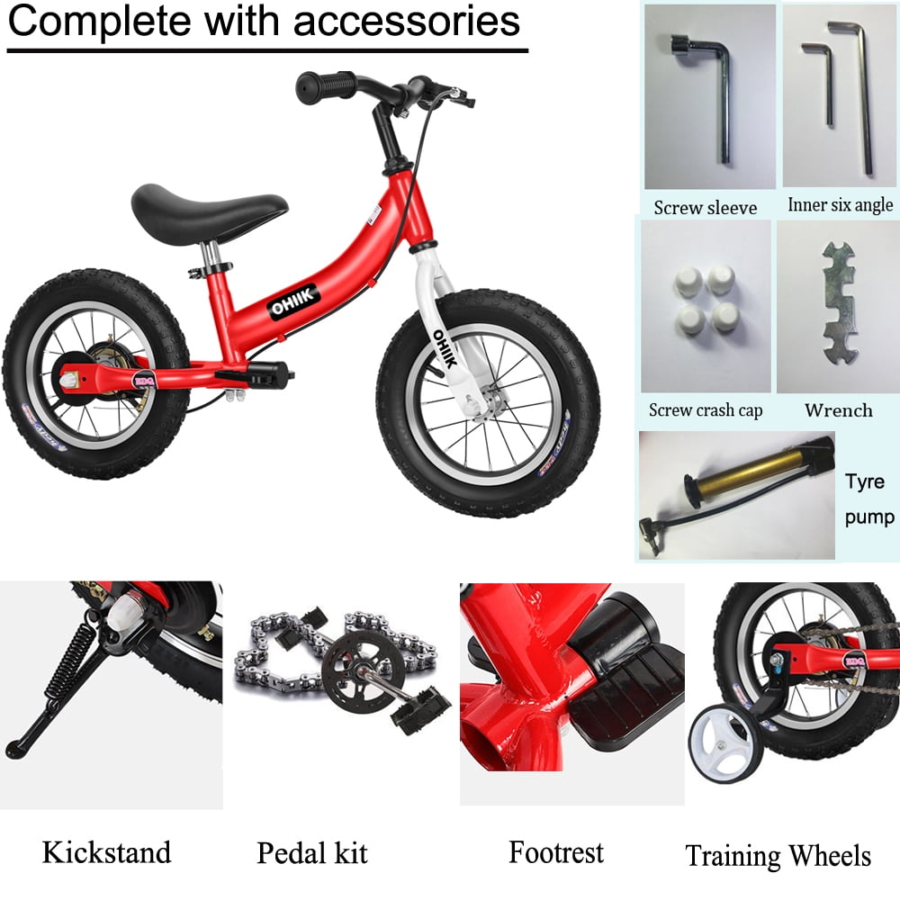 OHIIK 2 in 1 Adjustable Seat and Handlebar Kids Balance Bike with Pedal Kit and Training Wheels, Red - Image 6