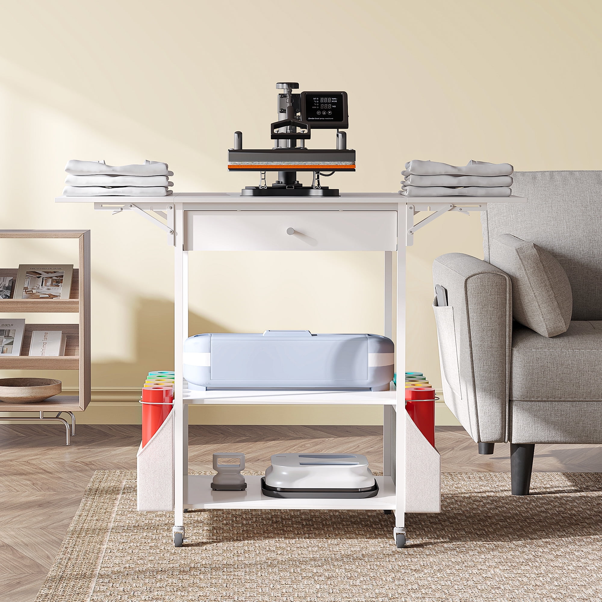 Craft Cart Compatible with Cricut Machine, Crafting Table Heat Press Table with Rolling Storage Organizer Craft Workstation Cabinet Desk Stand Furniture for Craft Room Organization - Image 7