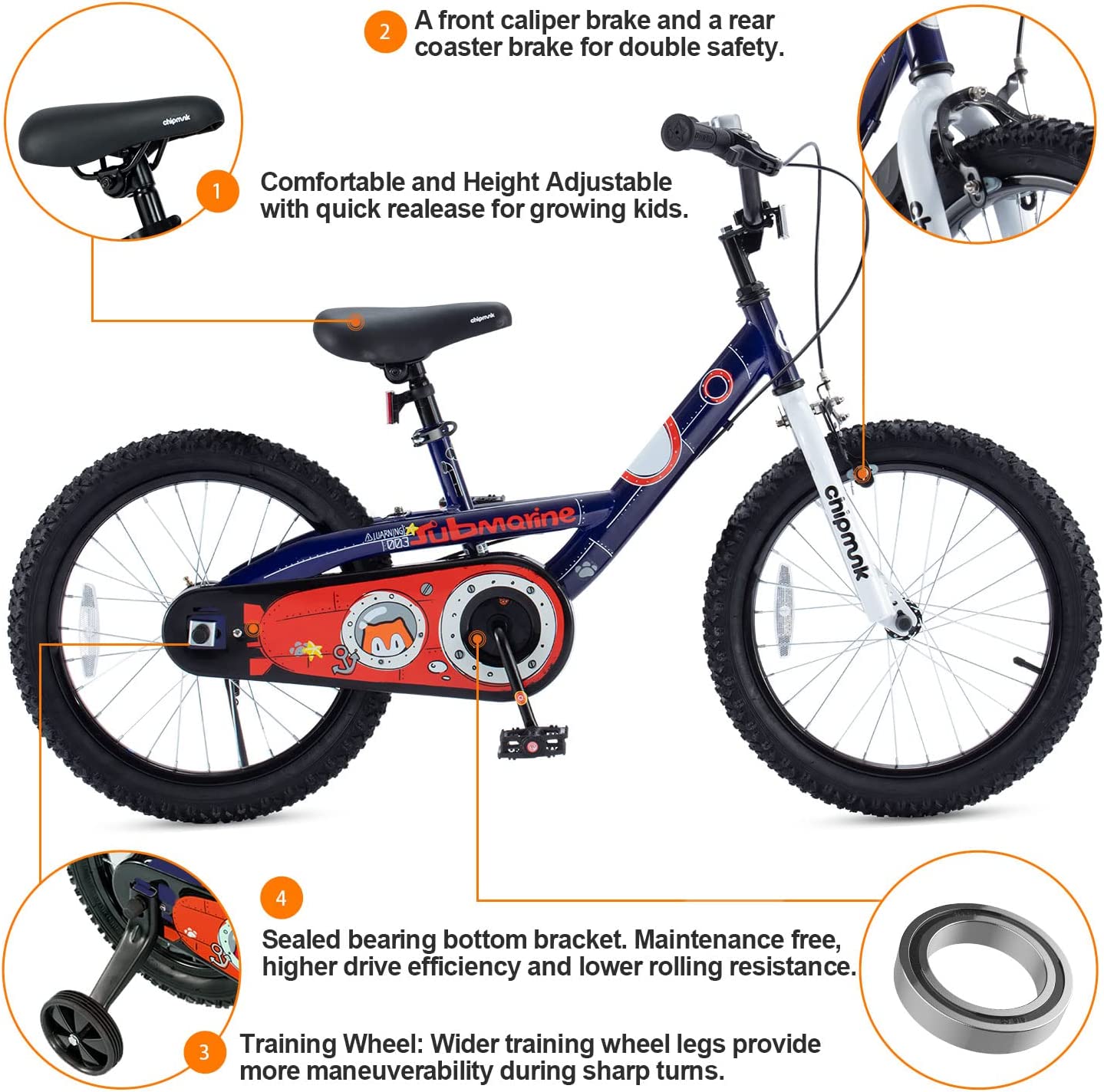 Royalbaby Chipmunk Boys Girls and Kid's Submarine Steel 18 In Bike with kickstand Navy Blue - Image 4