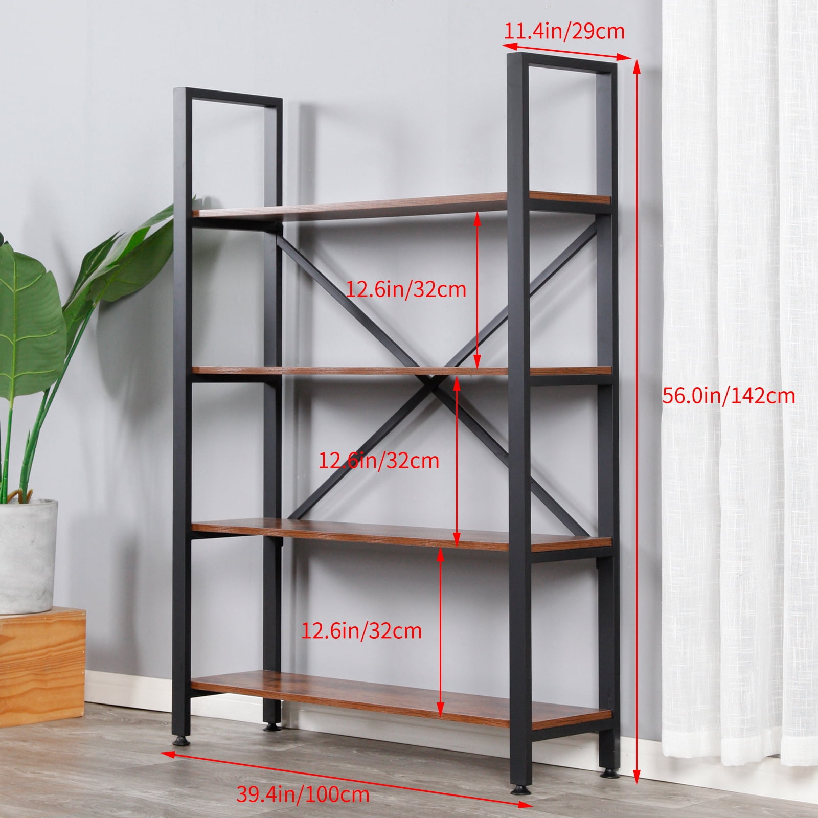 V.ZQLAMZ Rustic Industrial 4-Tier Bookcase, 55” High, Brown Metal Frame Display Rack - Image 4