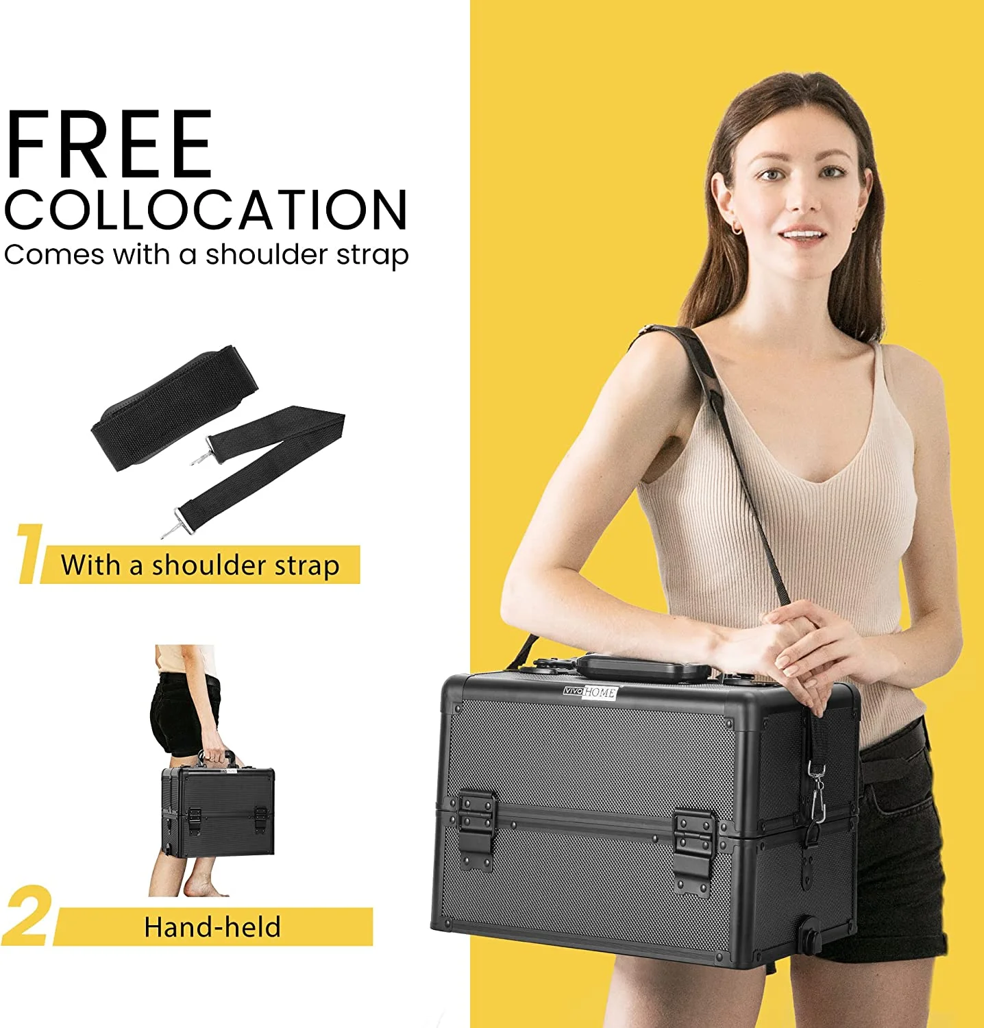 SPECSTAR 4 in 1 Makeup Rolling Train Case Aluminum Trolley Professional Cosmetic Organizer Box with Shoulder Straps 2 Keys Black(Cosmetic are not included) - Image 5