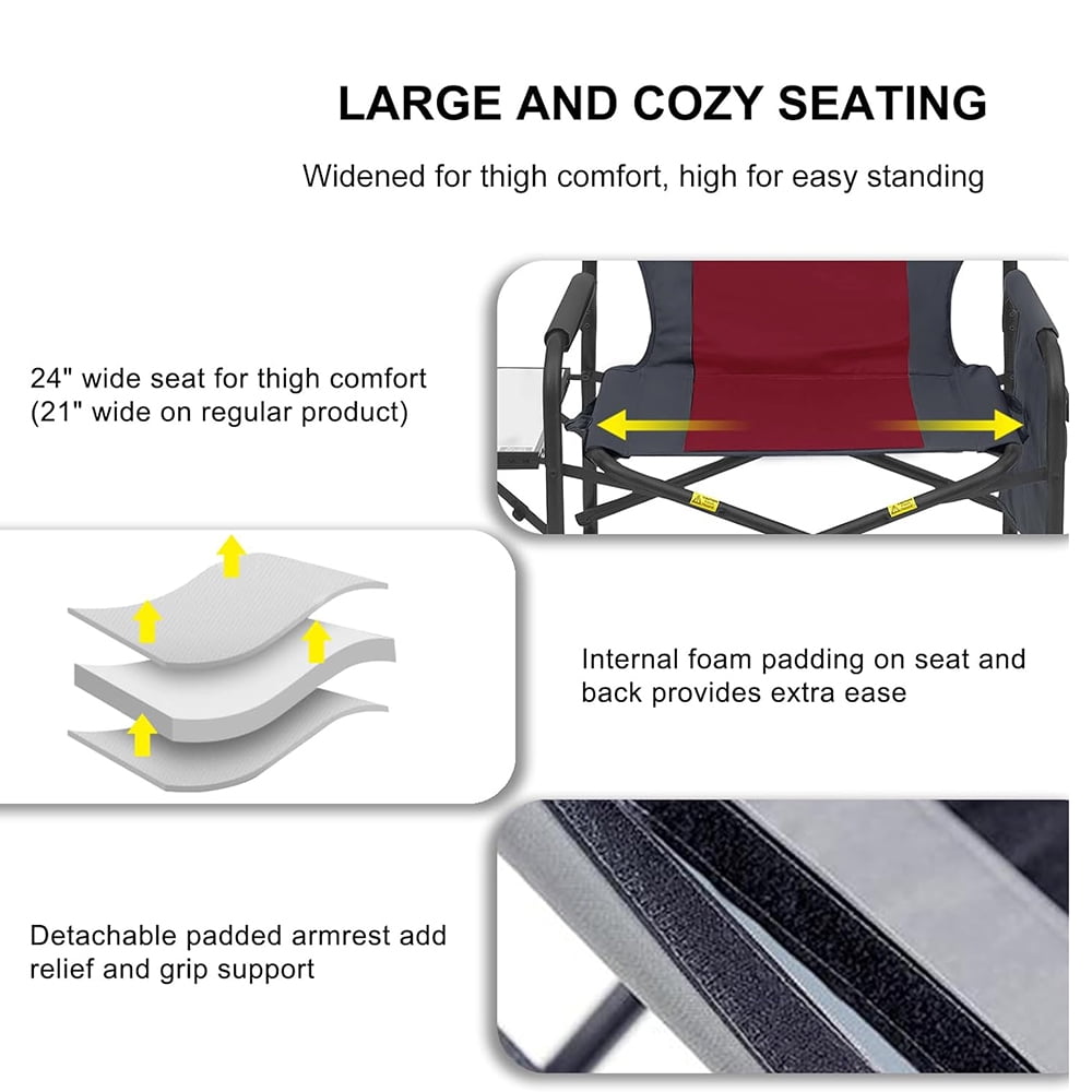 XXL Oversized Directors Chairs Support to 600 Lbs, Heavy Duty Camping Chairs with Foldable Side Table, Detachable Side Pocket, Folding Outdoor Chair for Outside,Lawn,Beach,Fishing(Red) - Image 3