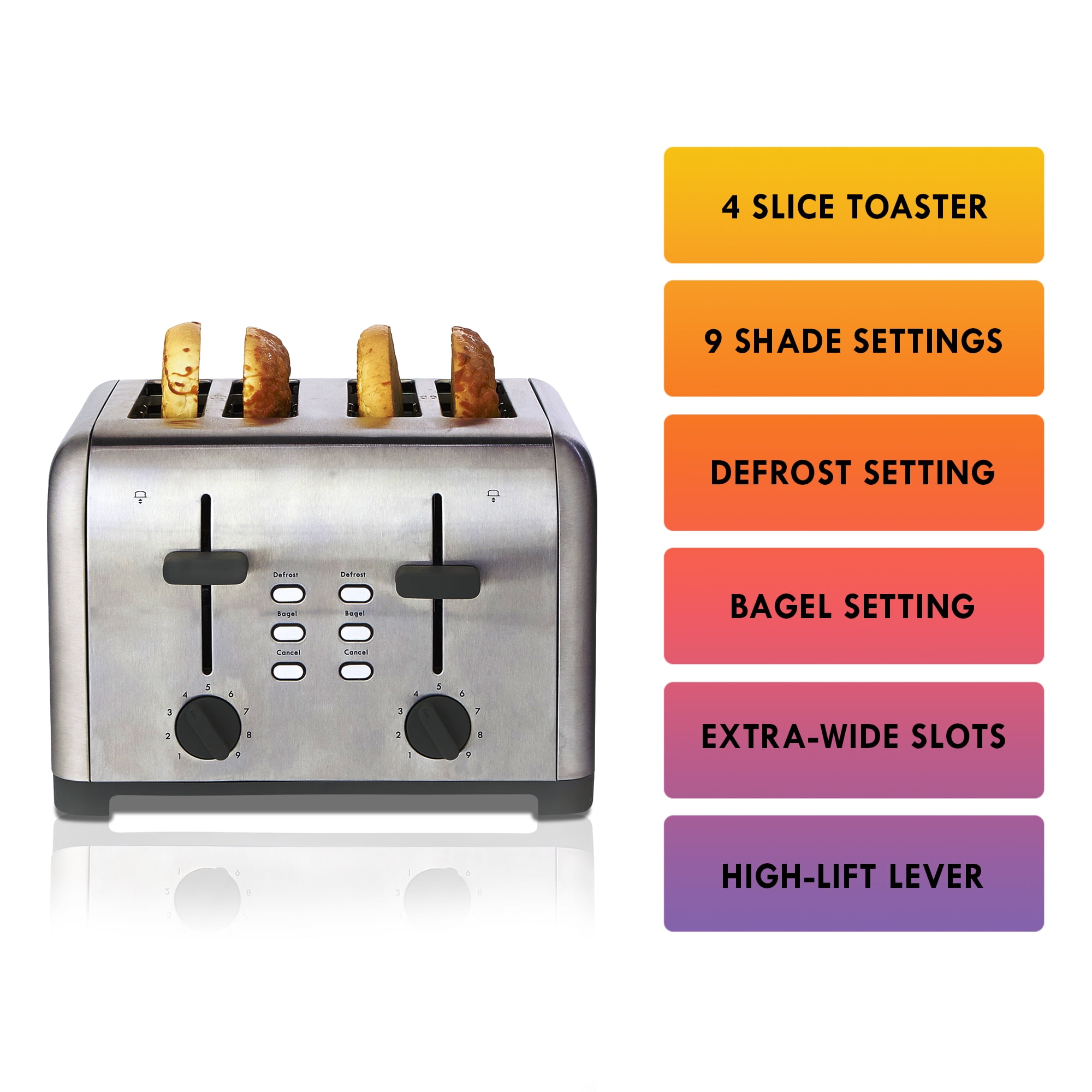 Kenmore 4-Slice Toaster Stainless Steel Dual Controls Wide Slot Defrost & Bagel Functions 9 Shade Settings - Image 5