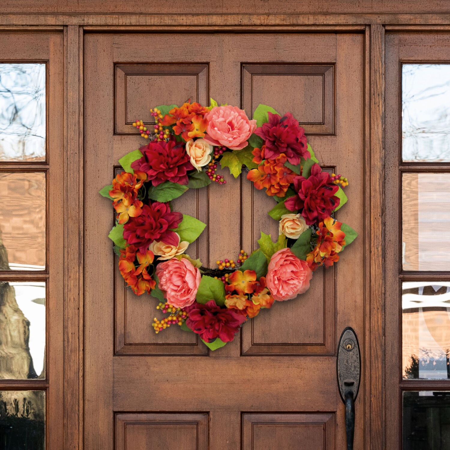Fraser Hill Farm 24" Fall Harvest Wreath Door Hanging with Dahlias and Peonies - Image 5
