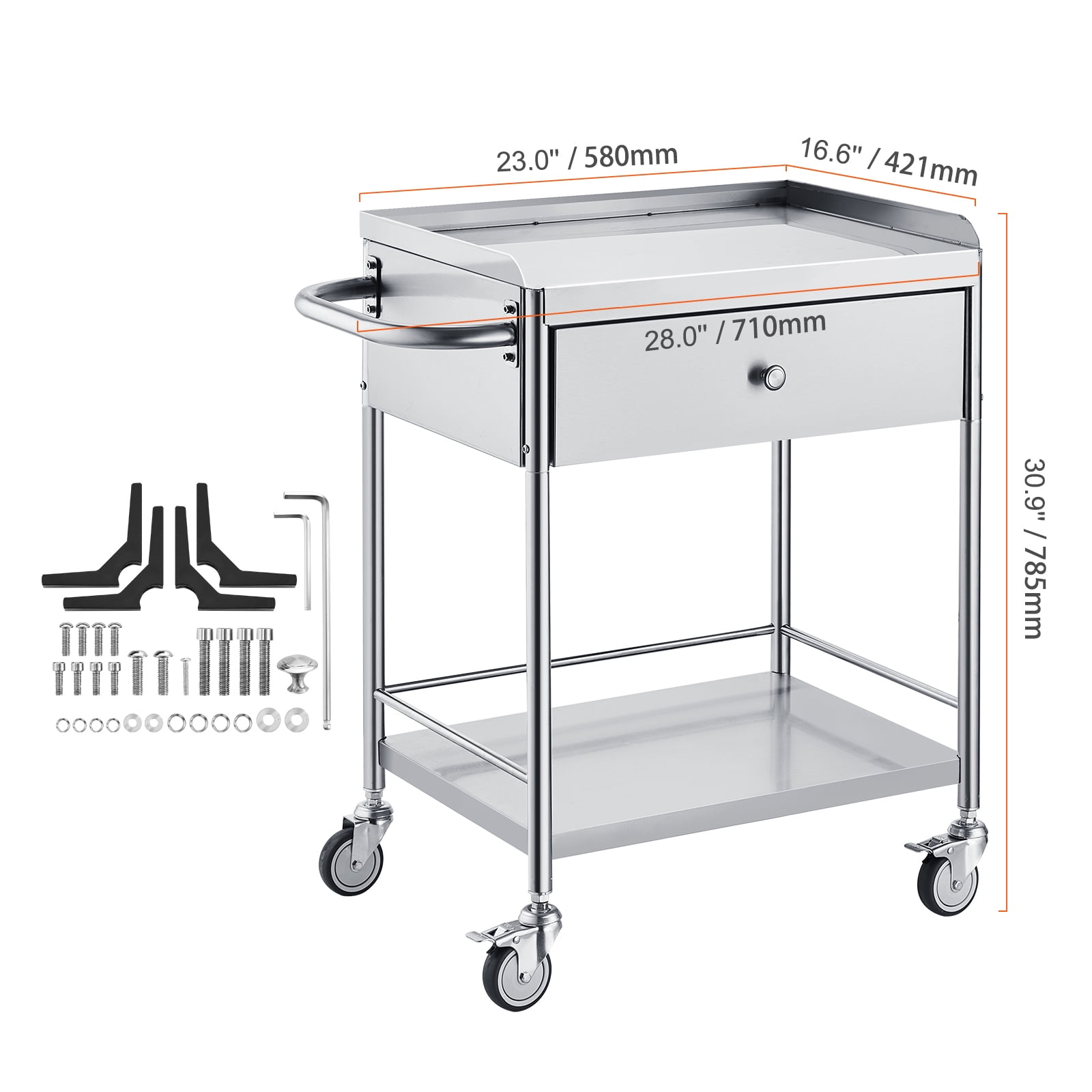 VEVOR 2-Tier Lab Cart Stainless Steel Cart Utility Rolling Cart Mobile Lab Utility Cart with A Drawer & 3 Shelves 220 lbs Catering Dental Utility Cart Dolly Restaurant 28.0'' x 16.6'' x 30.9'' - Image 5