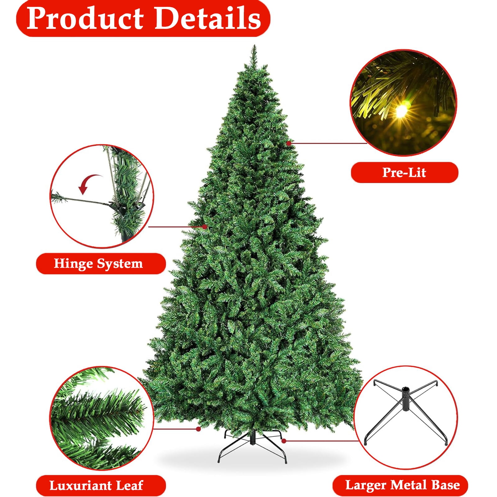 HONGGE 6ft Pre-Lit Premium Hinged Artificial Holiday Christmas Pine Tree for Home, Office, Party Decoration w/ 1,000 Branch Tips, 250 Lights, Metal Hinges & Foldable Base - Image 4