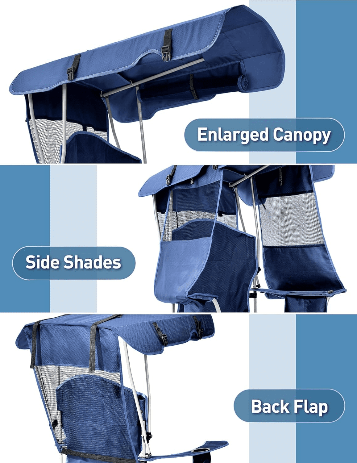 Camping Chairs with Cooler Pouch, Foldable Beach Chair with Canopy Shade for Camping, Sports, Beach, Fishing, Lying, Hiking, Cup Holder & Side Pocket, Support 330 LBS - Blue - Image 3