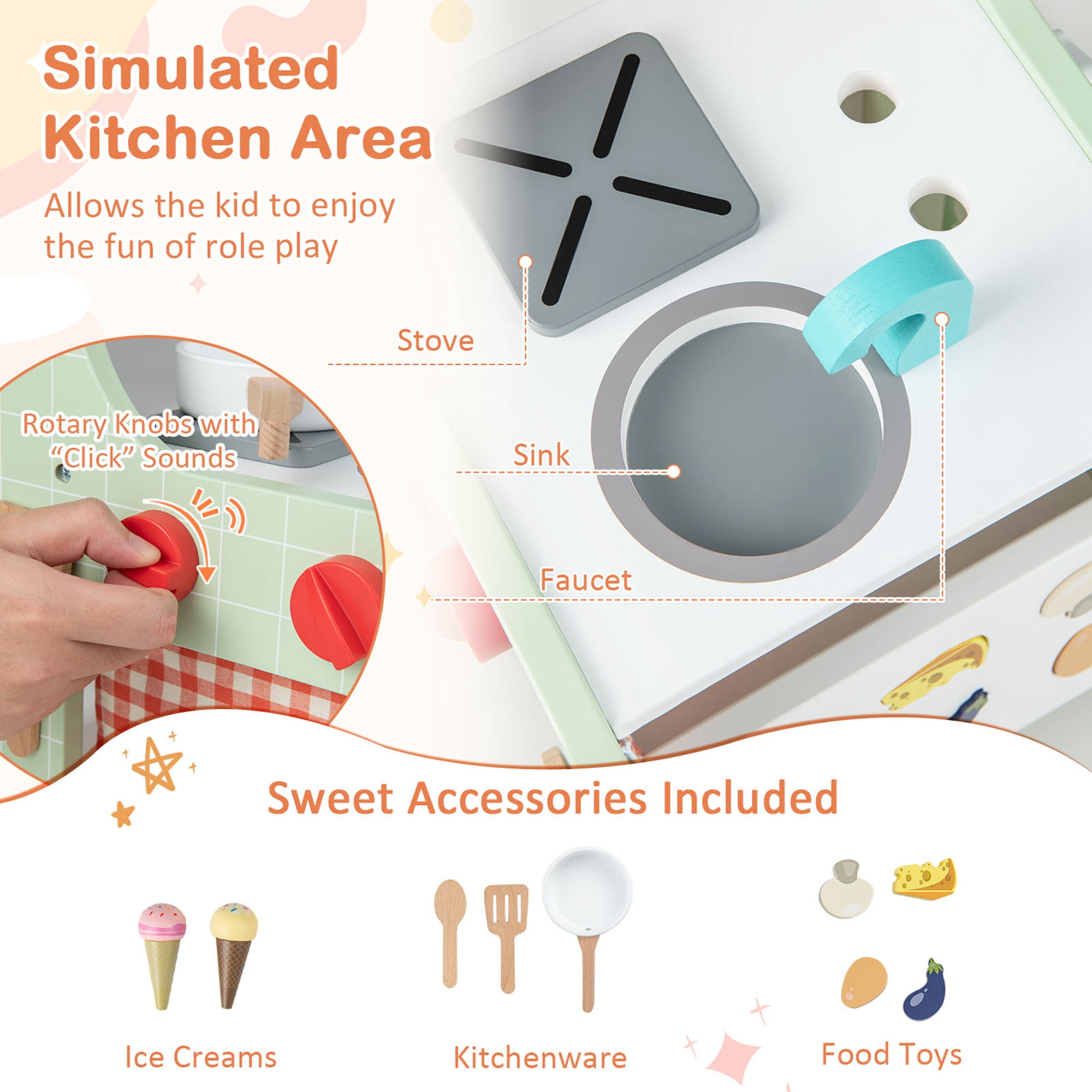 Costway 6-in-1 Baby Push Walker Wooden Strollers Learning Activity Center Toy with Kitchen 12+ months+ Green - Image 7