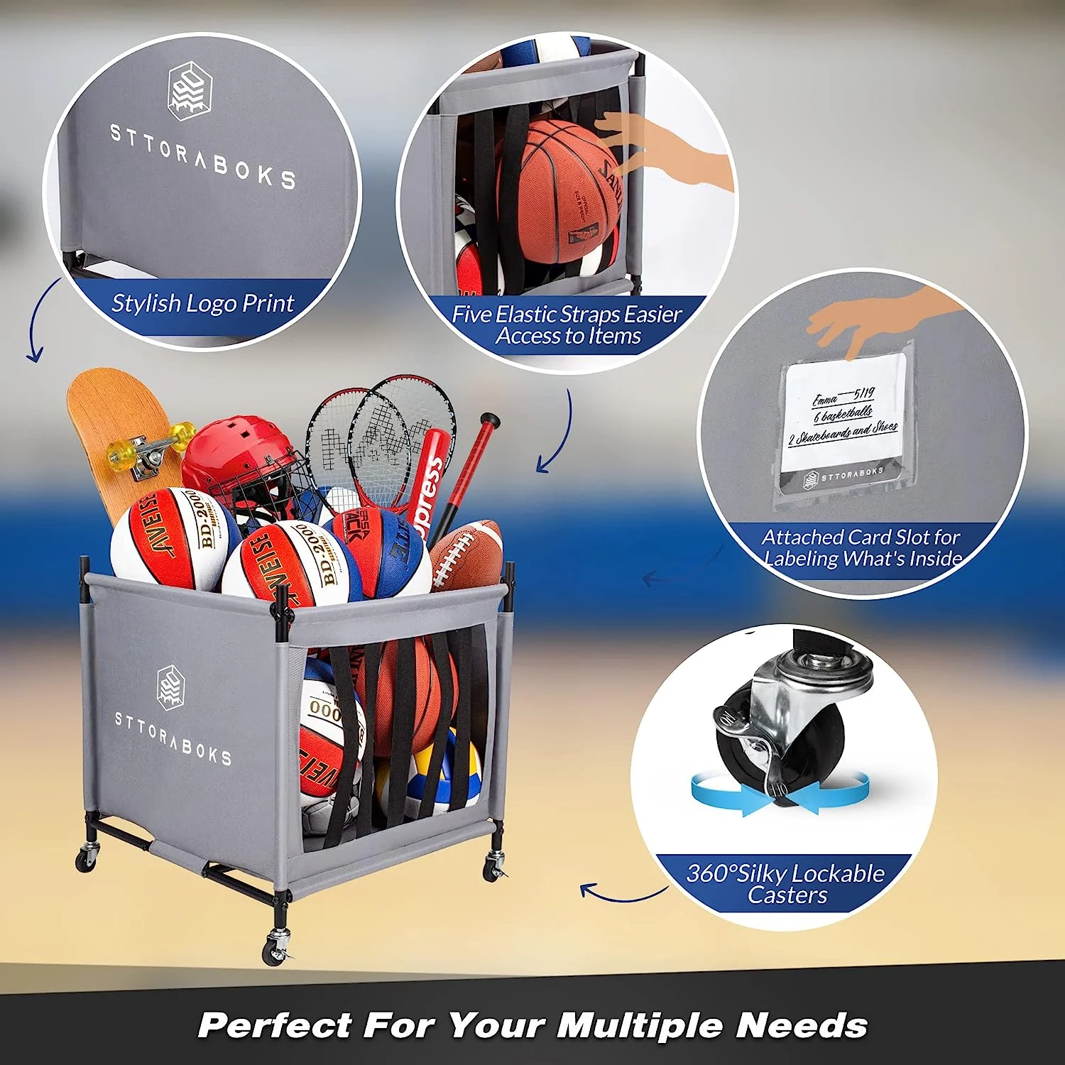 Sttoraboks Sports Ball Storage Cart with Wheels, Lockable Ball Organizer Basket with Elastic Straps, Stackable Ball Cage for Garage Storage, Gym, Sports Equipment Storage Oxford Bin, Ball Case - Image 5
