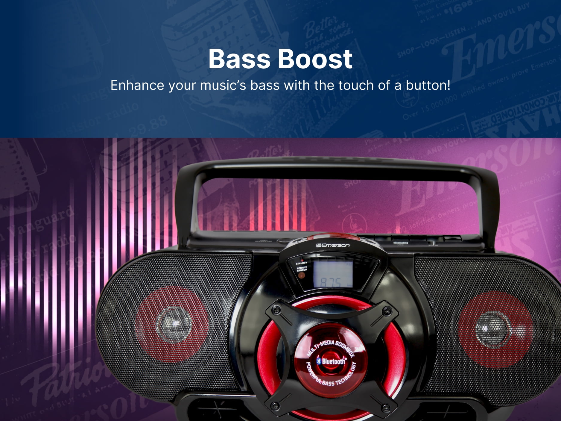 Emerson EPB-3002 Portable Bluetooth, MP3/CD AM/FM Stereo Radio Cassette Player/Recorder with Subwoofer and USB Input Boombox, Black - Image 4