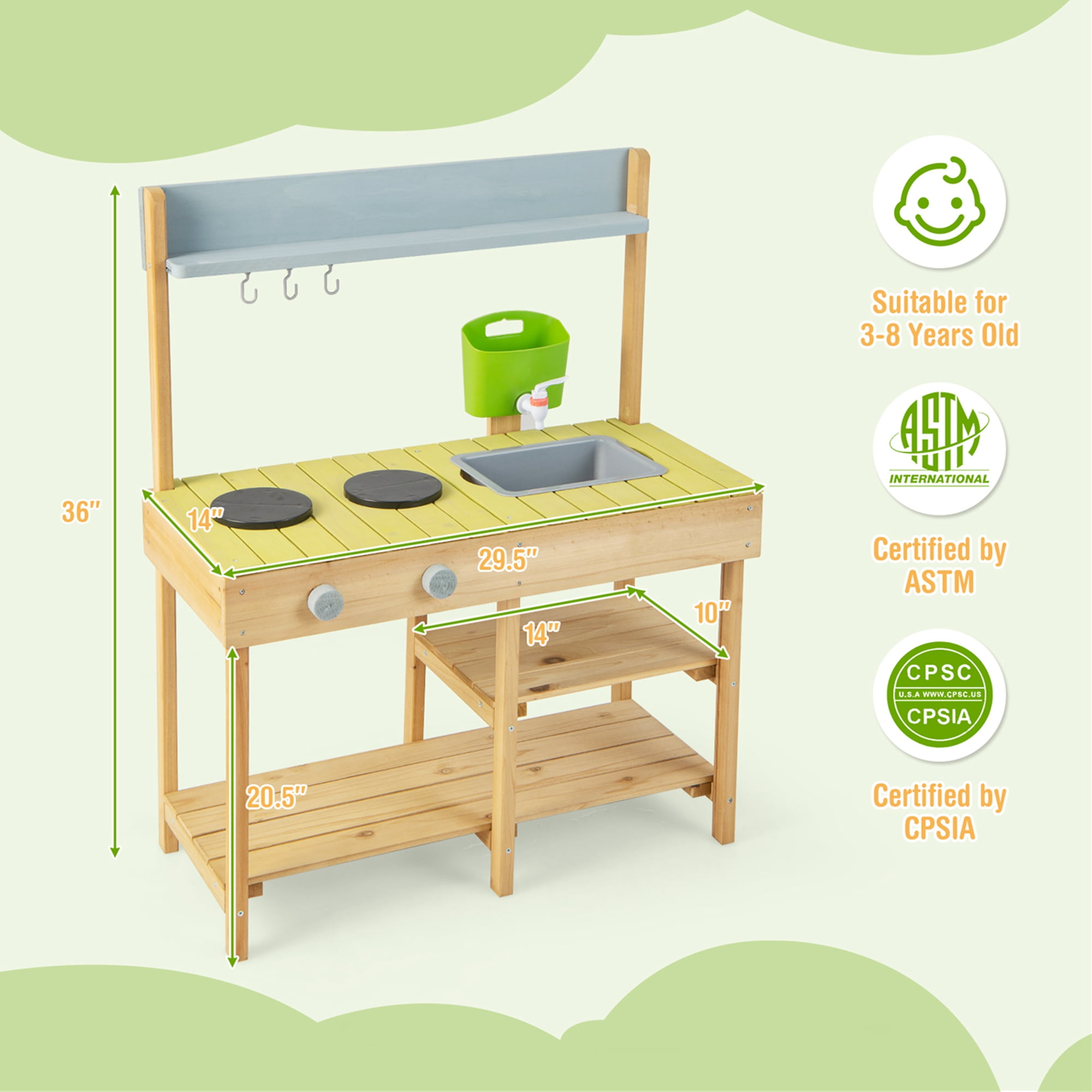 Costway Outdoor Mud Kitchen Set Fir Wood Kids Play Set with Removable Water Box - Image 3
