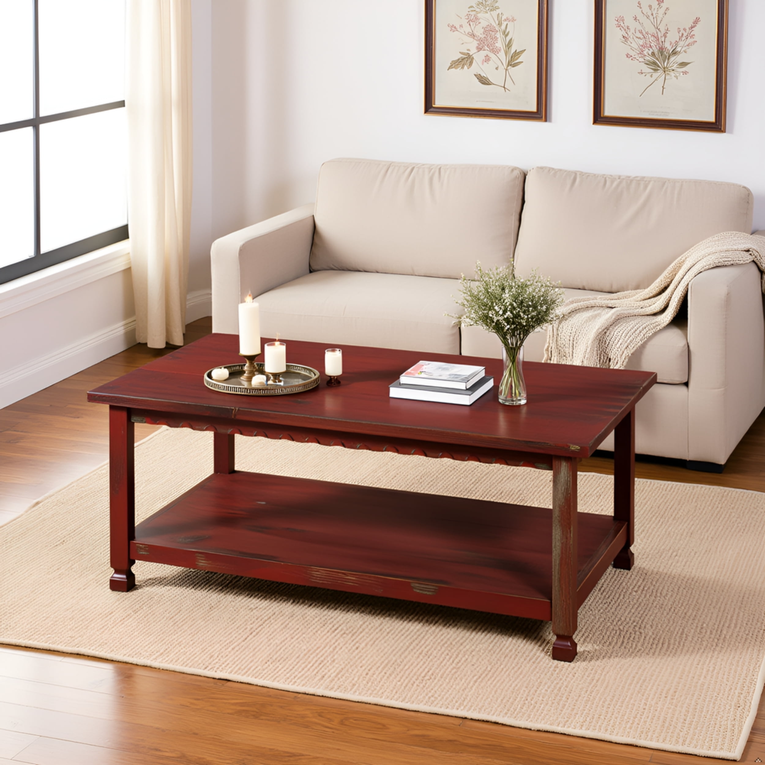 Alaterre Furniture Country Cottage 42" Rustic Rectangular Coffee Table, Solid Wood Living Room Furniture, Red Antique Finish - Image 3