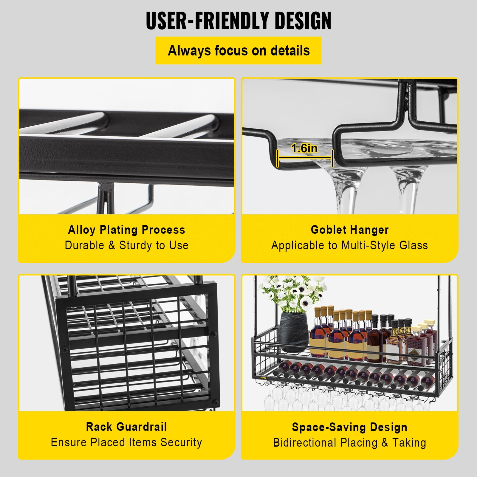 VEVOR Ceiling Wine Glass Rack, 46.9 x 11.8 inch Hanging Wine Glass Rack, 18.9-35.8 inch Height Adjustable Hanging Wine Rack Cabinet, Black Wall-Mounted Wine Glass Rack Perfect for Bar Cafe Kitchen - Image 3