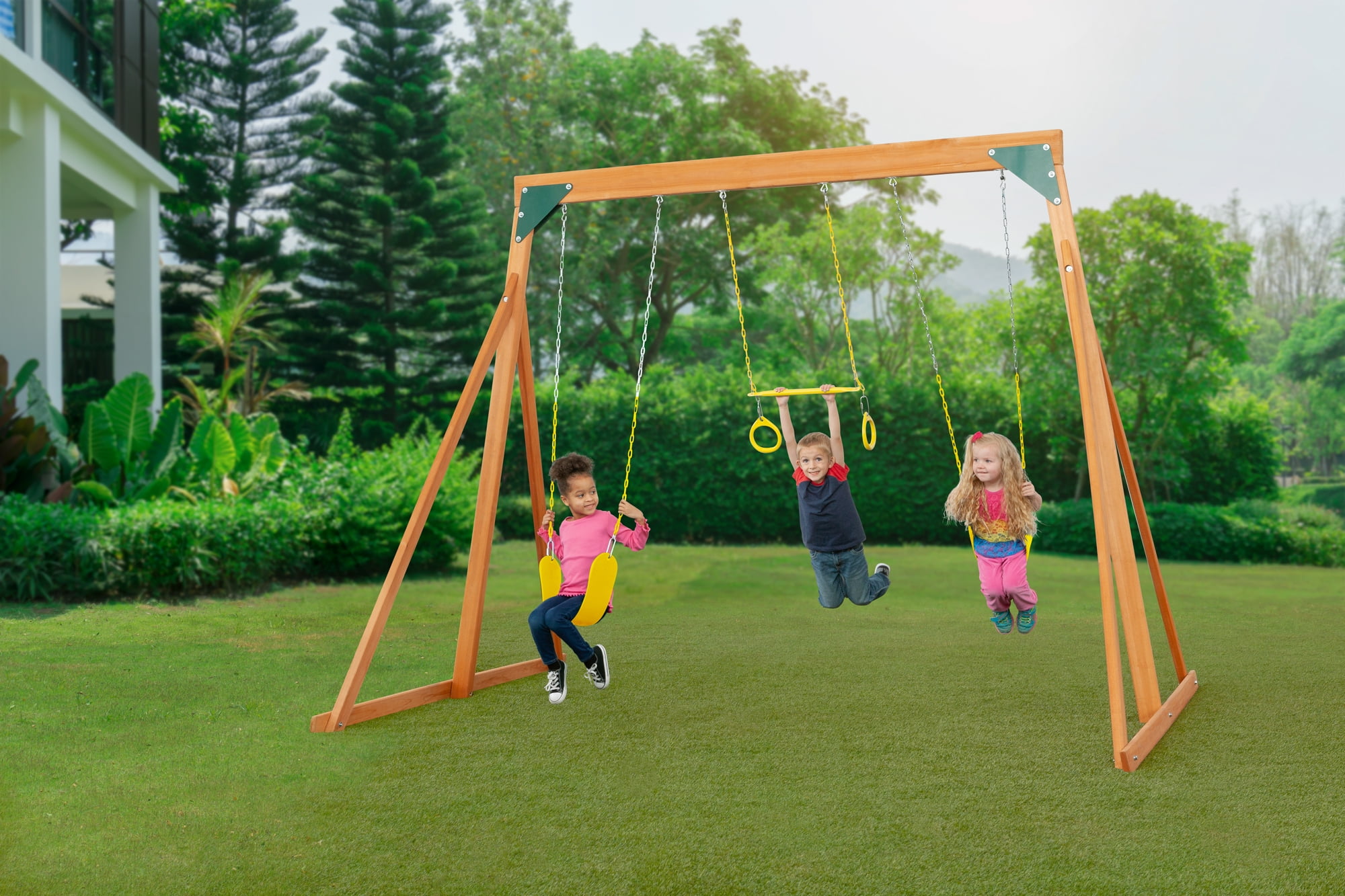 Trailside Cedar Swingset with Belt Swings and Trapeze Bar, All Wood, Hardware, and Assembly Instructions Included - Image 9