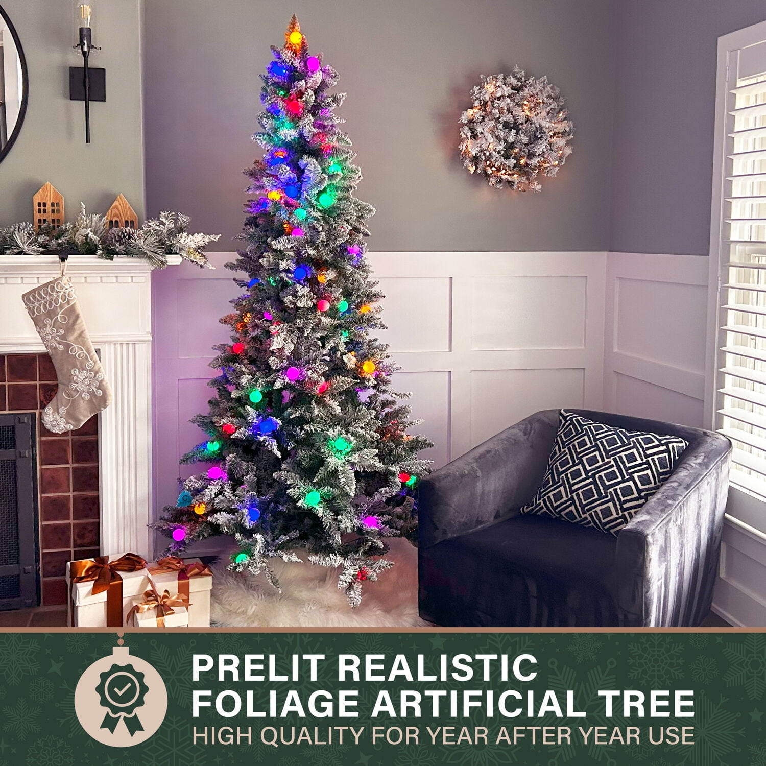 Fraser Hill Farm Prelit LED Multicolor Flocked White Tail Pine 7.5-ft. Christmas Tree, FFWT075-6SN - Image 7