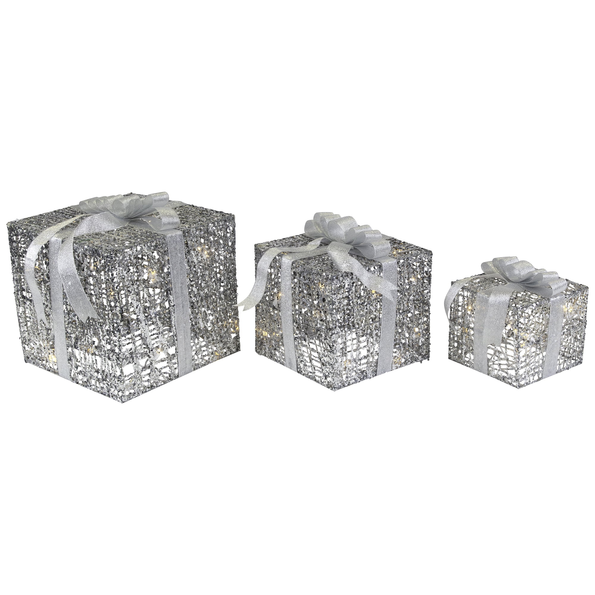 Northlight Lighted Glitter Threaded Gift Boxes Outdoor Christmas Decoration - Silver - Set of 3 - Image 8