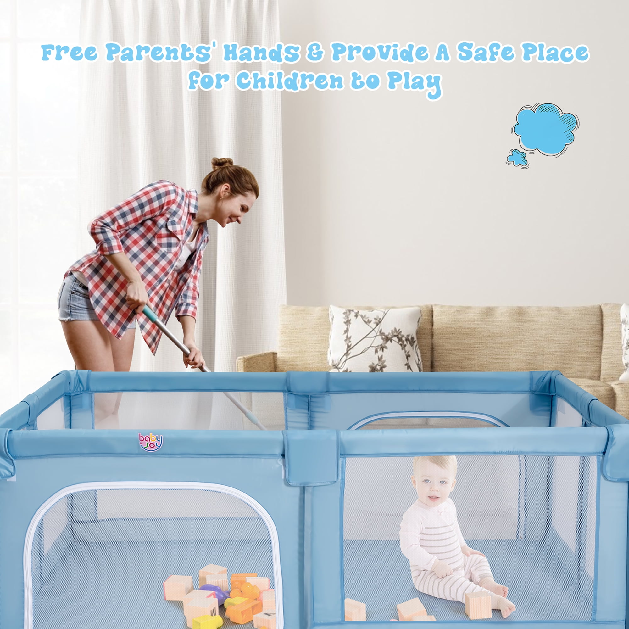 Costway Playpen Extra Large Unisex Kids Baby Activity Center Safety Play Yard with Gate Blue - Image 8