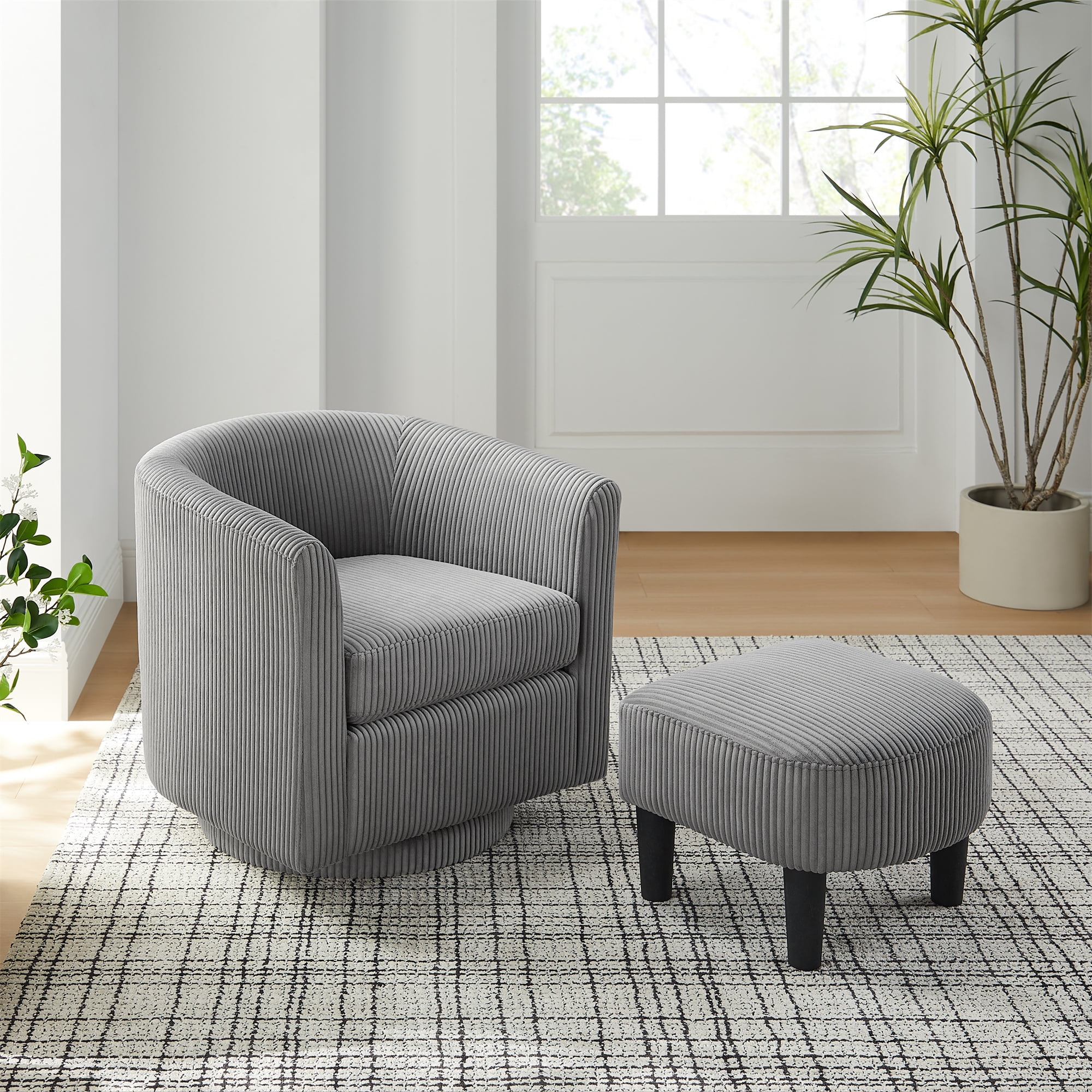 Aukfa Swivel Accent Chair with Ottoman, Corduroy Barrel Chair Read Chair for Living Room, Gray - Image 4