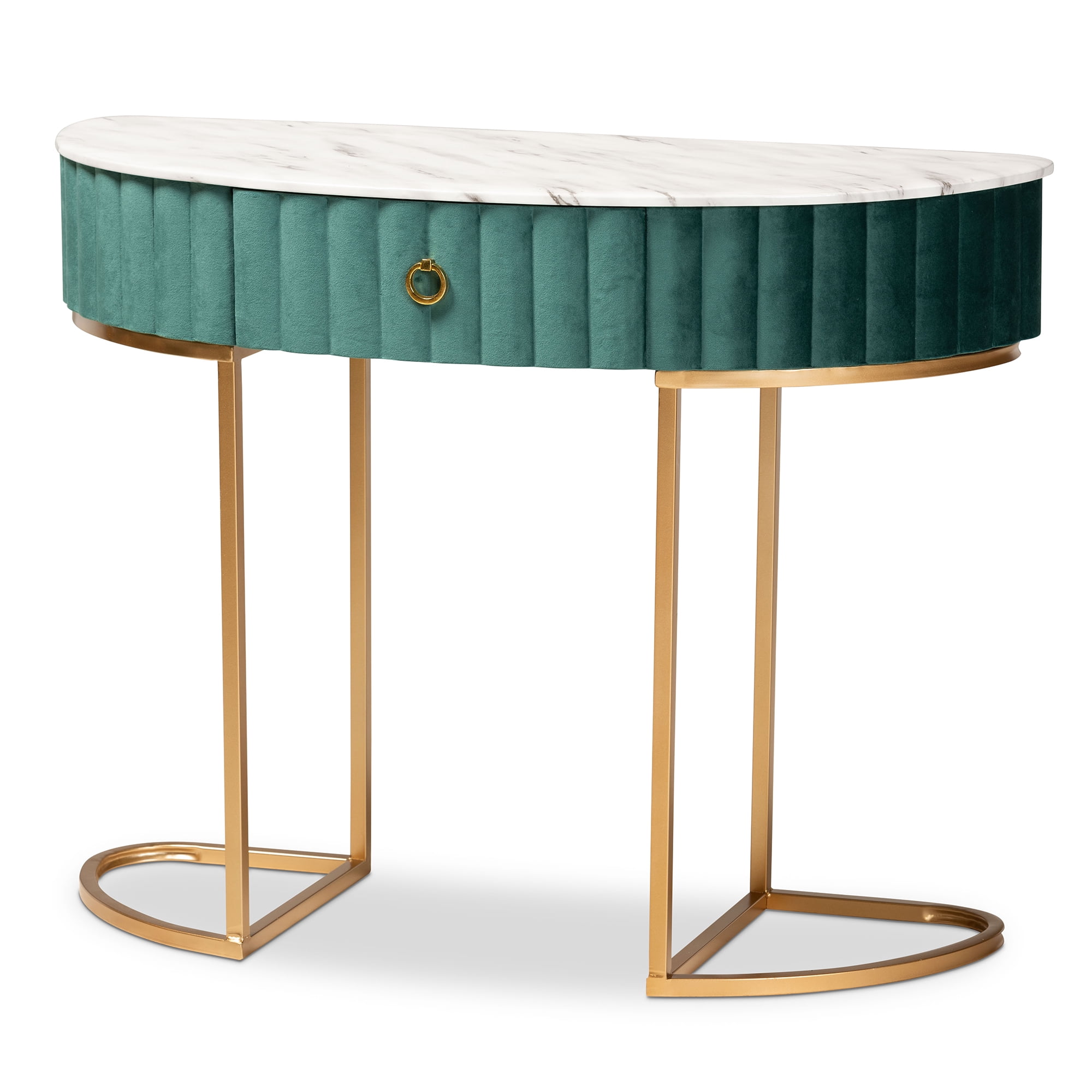 Baxton Studio Beale Luxe and Glam Green Velvet Upholstered and Brushed Gold Finished 1-Drawer Console Table with Faux Marble Tabletop - Image 9
