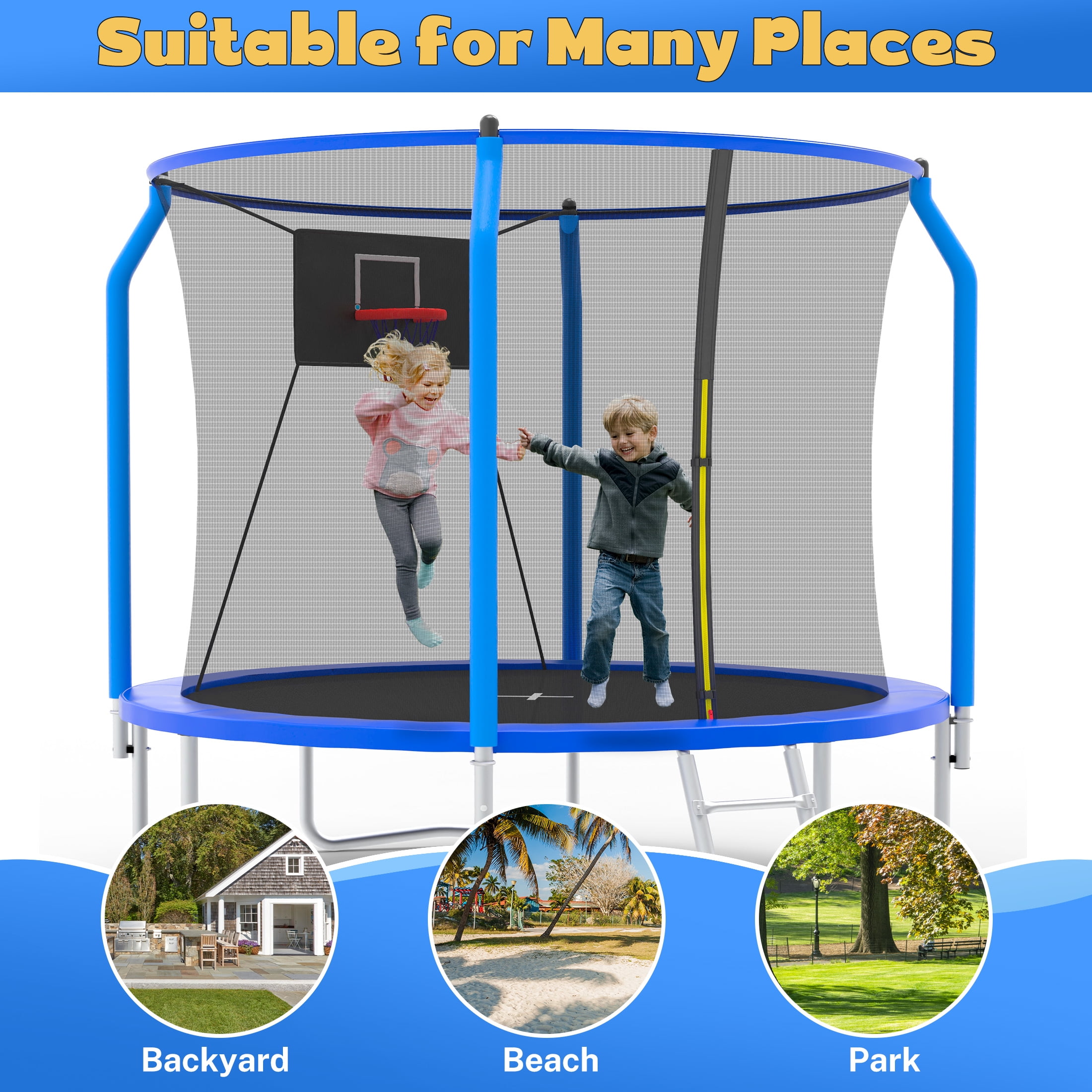 SEGMART 10ft Trampoline for Kids with Basketball Hoop and Enclosure Net/Ladder,Blue - Image 6