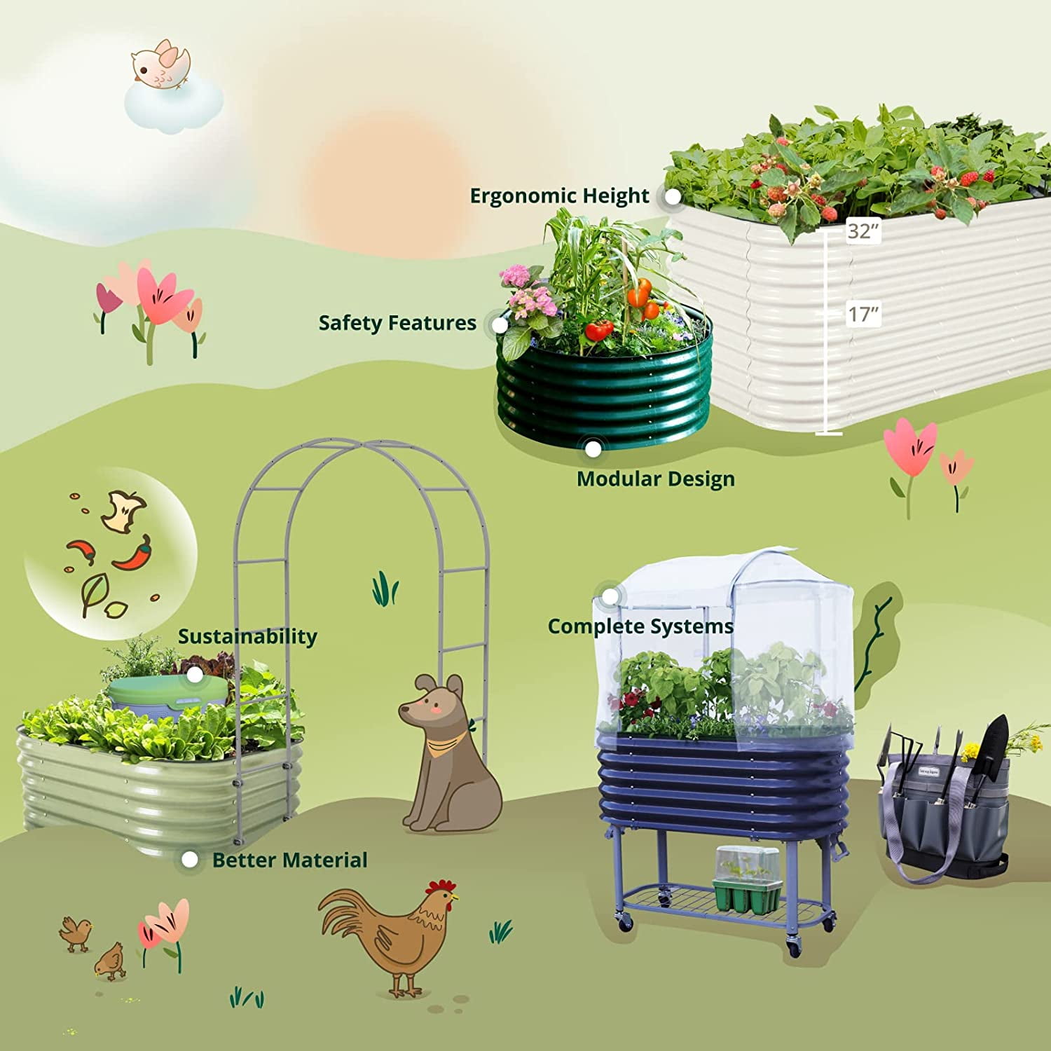 Vego Garden 17" Tall 4 in 1 Modular Metal Raised Gardening Beds Kit Metal Planter Box Olive Green - Image 7