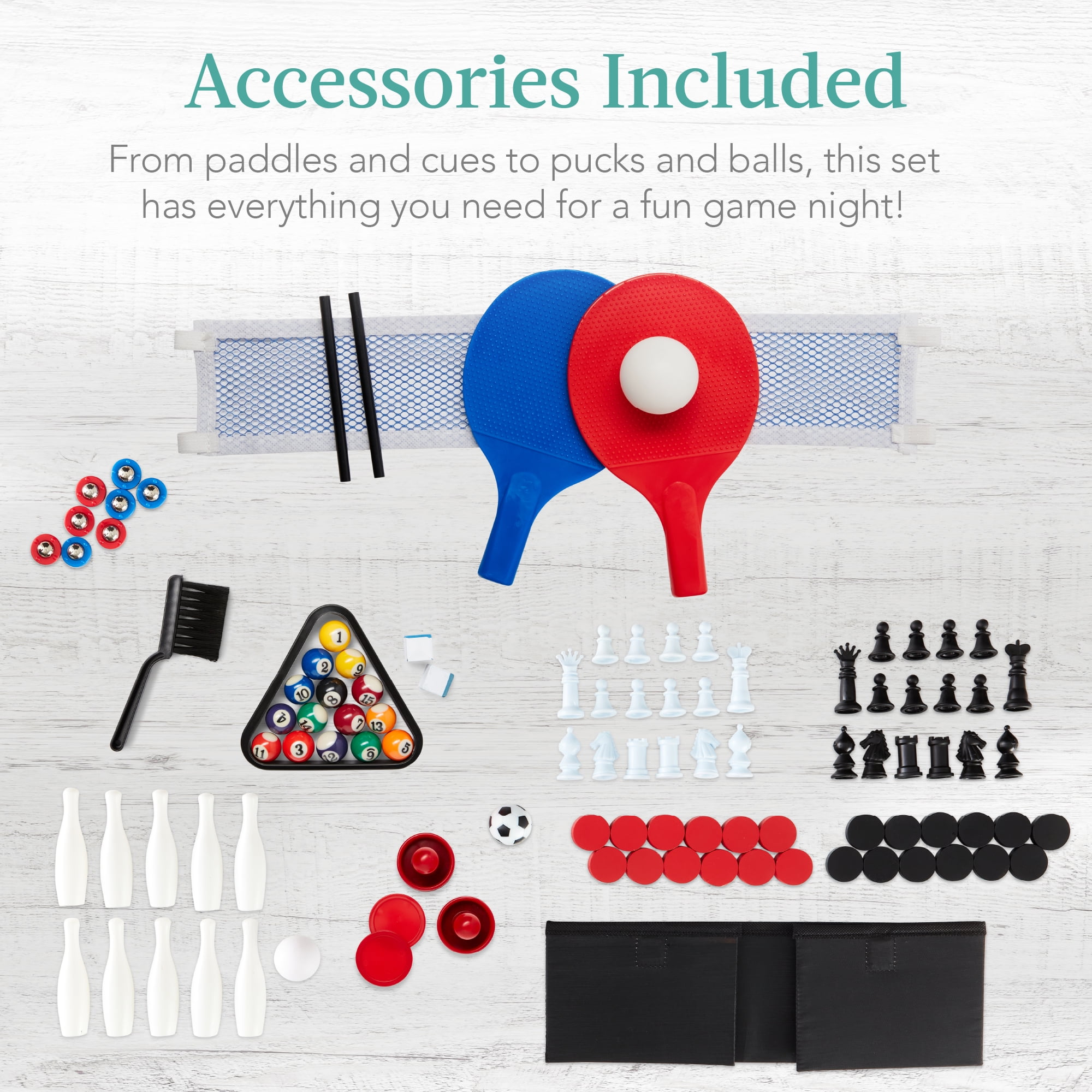 Best Choice Products 11-in-1 Kids Combo Game Set w/ Ping Pong, Foosball, Air Hockey, 5 Accessory Bags - Dark Wood - Image 3