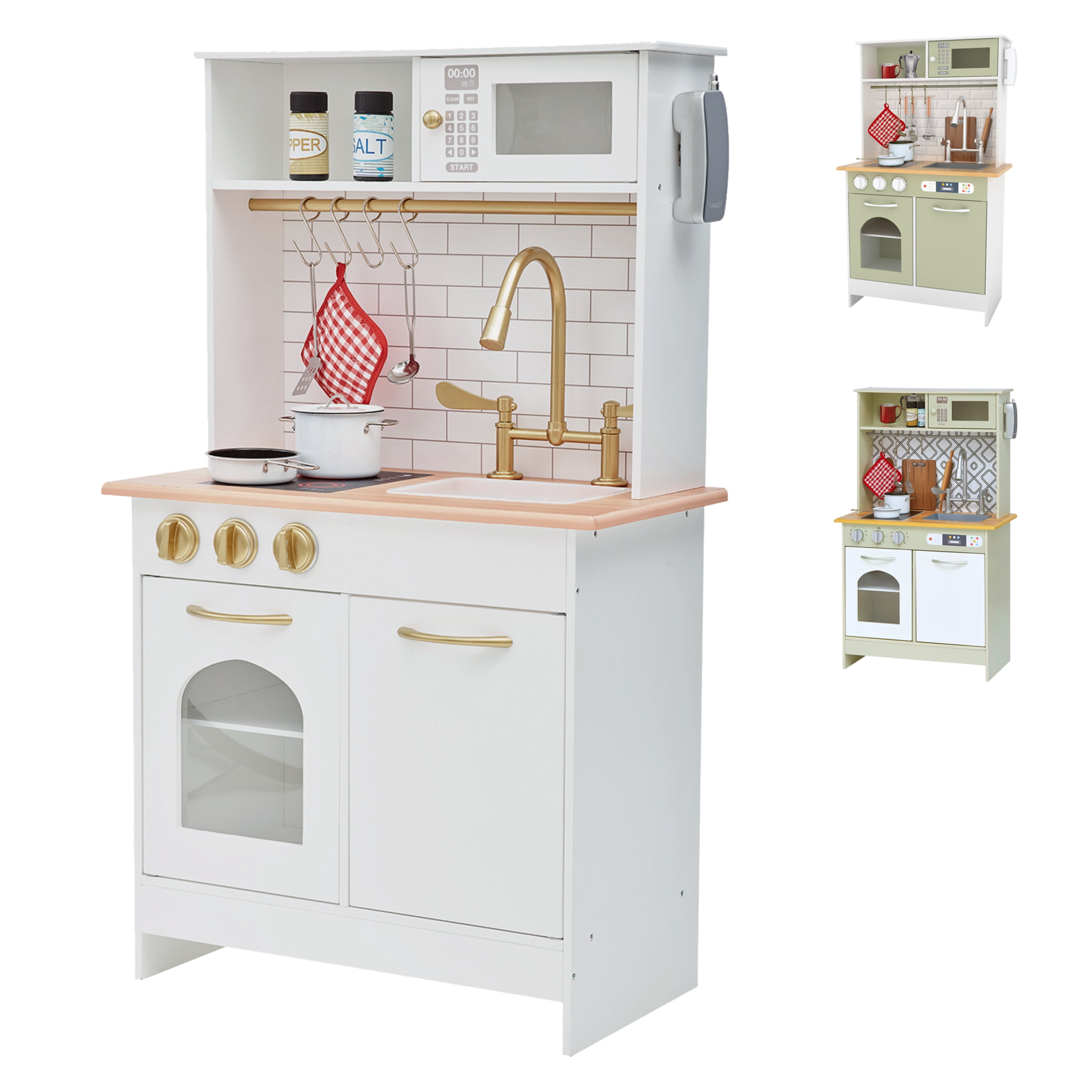 Teamson Kids Little Chef Boston Wooden Play Kitchen, 9 Pcs Acc Set, Oven, ,Sink, Interactive Features, White/Gold - Image 17