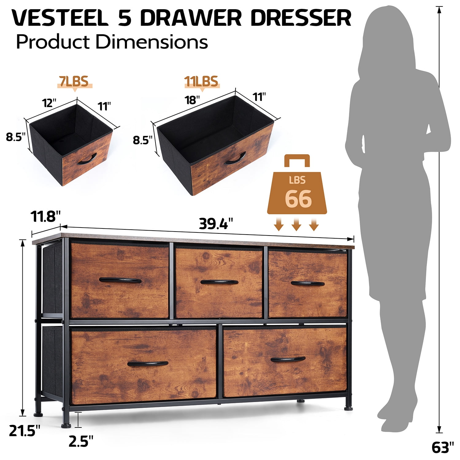 Vesteel 5 Drawers Dresser, Wide Chest of Drawers Fabric Dresser with Wood Top and Sturdy Steel Frame, Storage Organizer Unit for Closet, Living Room, Hallway - Rustic Brown - Image 6