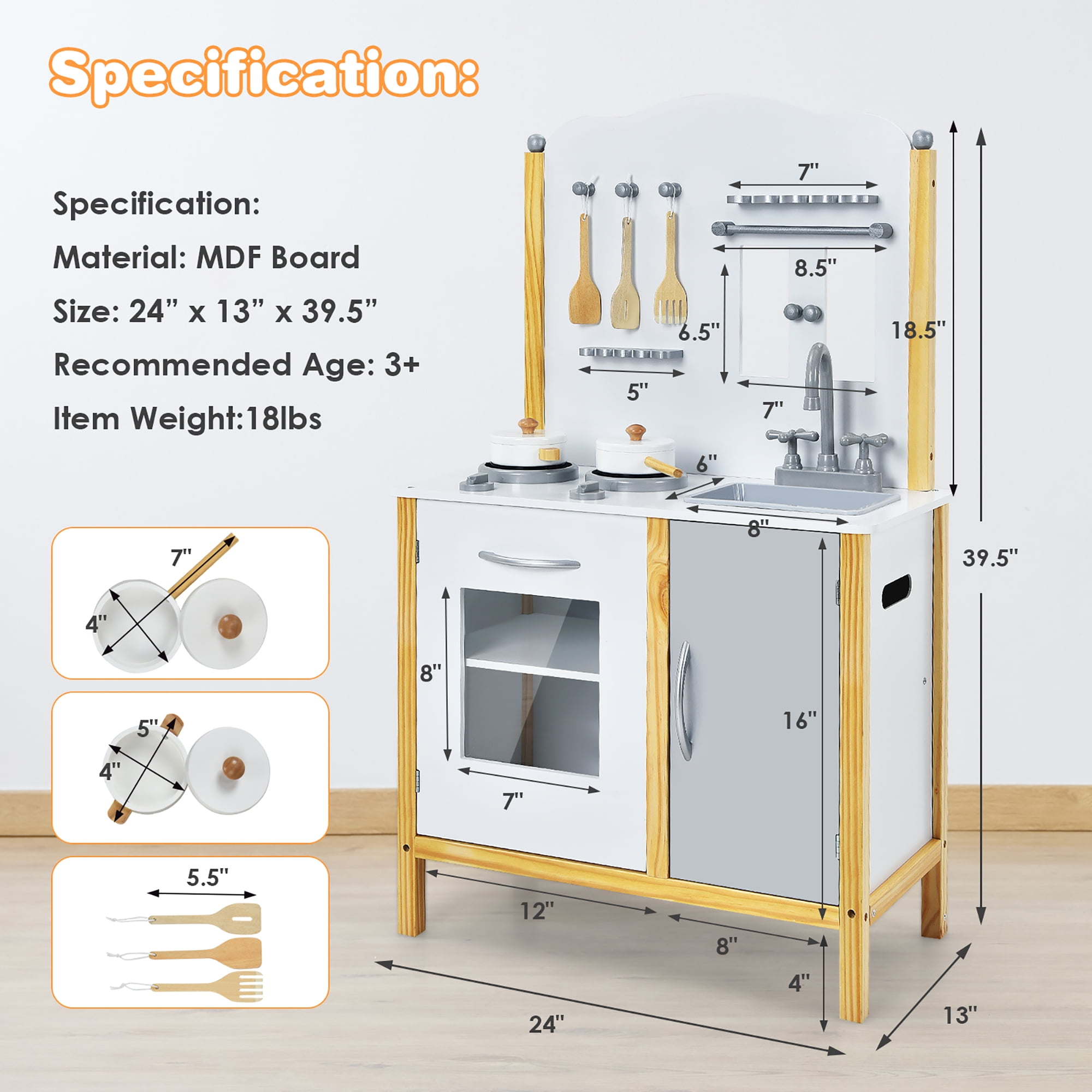 Costway Kids Play Kitchen Set Toddler Pretend Cooking Set w/ Cabinet&Accessories - Image 6