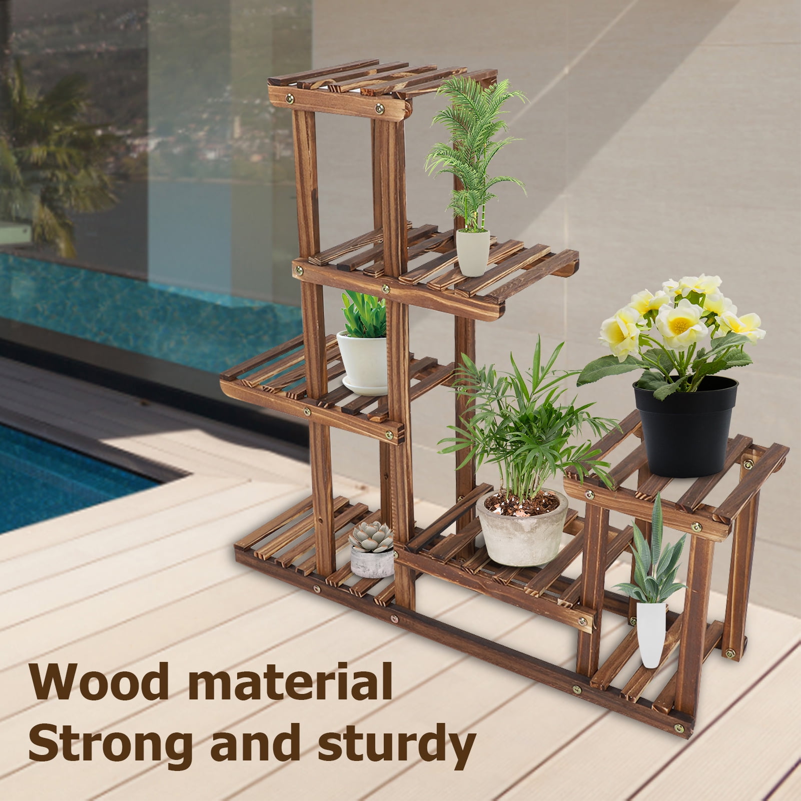 Wobythan Multi-Tiers Wooden Plant Stand Balcony Garden Flower Plant Stand Display Shelf - Image 4