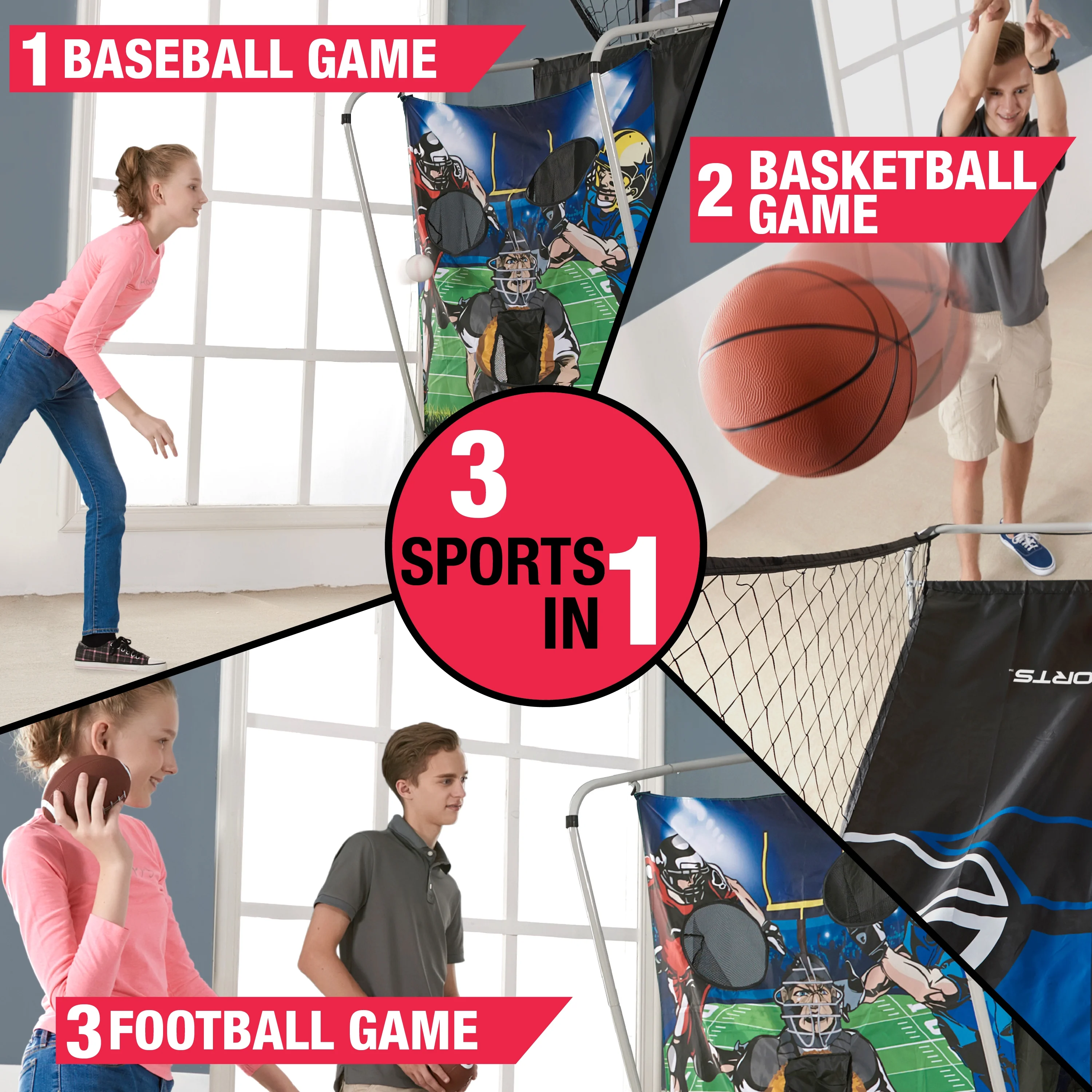 3-in-1 Arcade Basketball Combo Game, Football Baseball Indoor Sports Game with LED Electronic Scoring, by MD Sports - Image 5