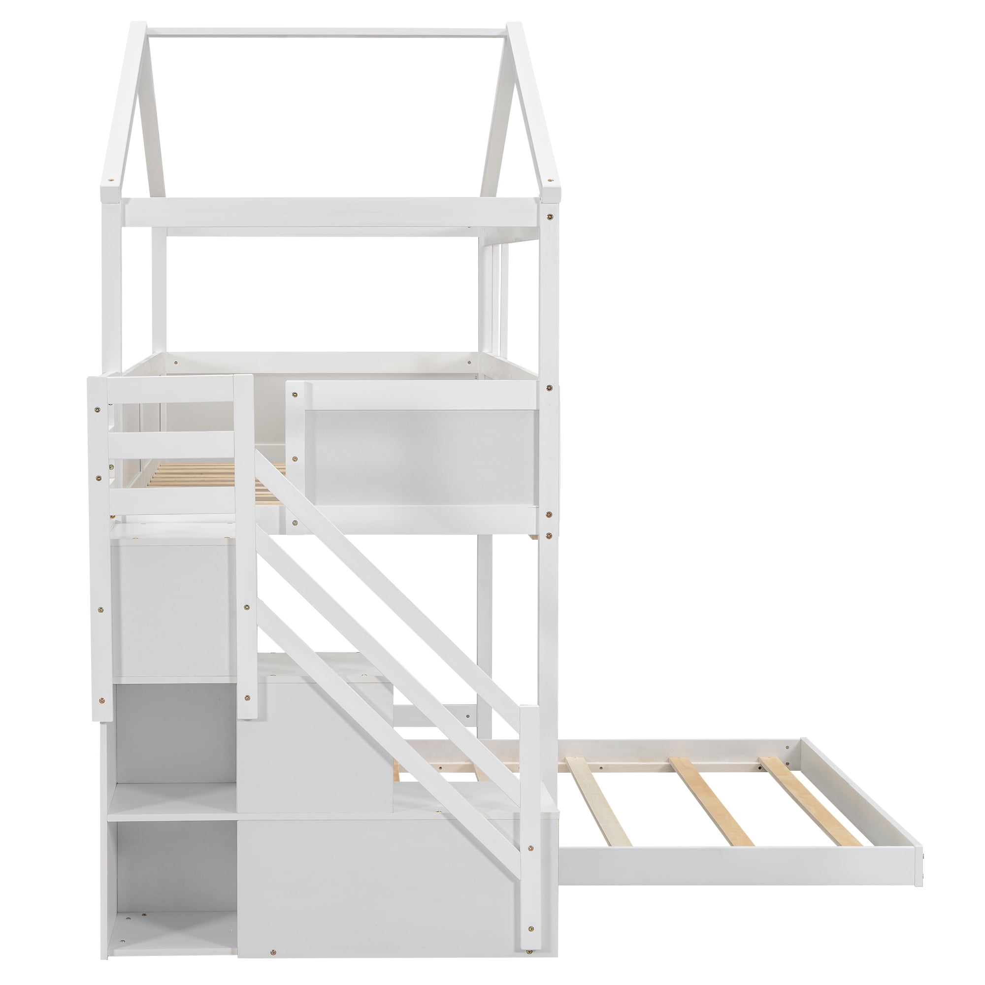 Euroco Twin over Full House Bunk Bed with Storage Staircase and Writting Blackboard for Kids Teens Bedroom, Moverable Lower Bed, White - Image 12