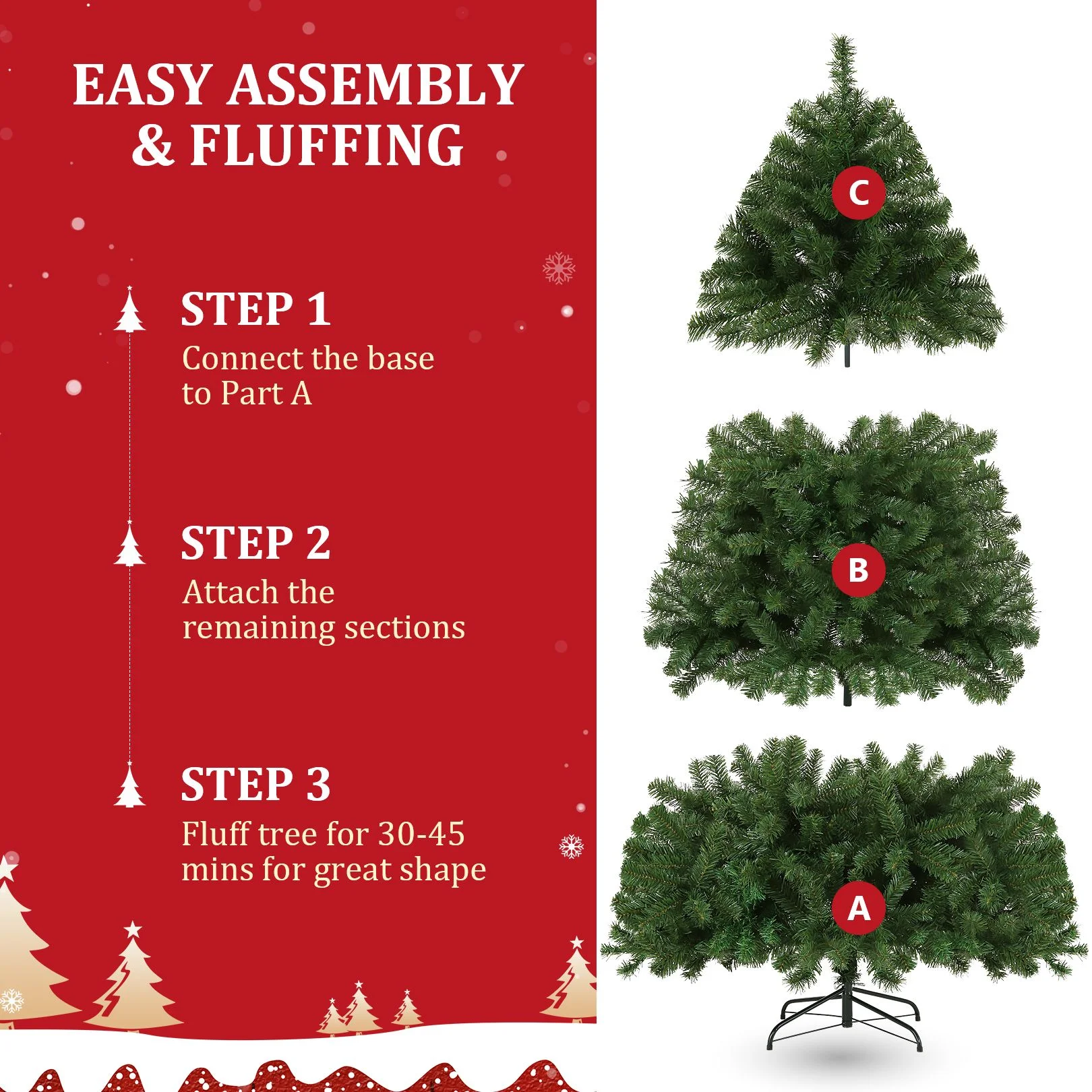 Funcid 6ft Premium Pre-Lit Hinged Artificial Christmas Tree Full Tree with 1477 PVC Branch Tips, 250 Multicolored Lights, 10 Light Sequences, Foldable Metal Stand, Green - Image 7
